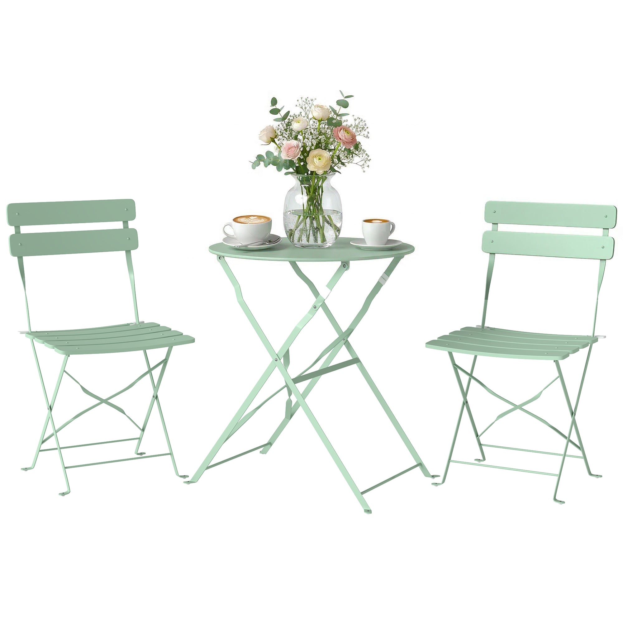 Outsunny Conjunto de Mesa y Sillas de Terraza Exterior Plegable 3 Piezas, Muebles de Jardín Exterior con 2 Sillas Plegables, Mesa Redonda, Estructura Metálica Electrofórica para Patio, Balcón, Verde