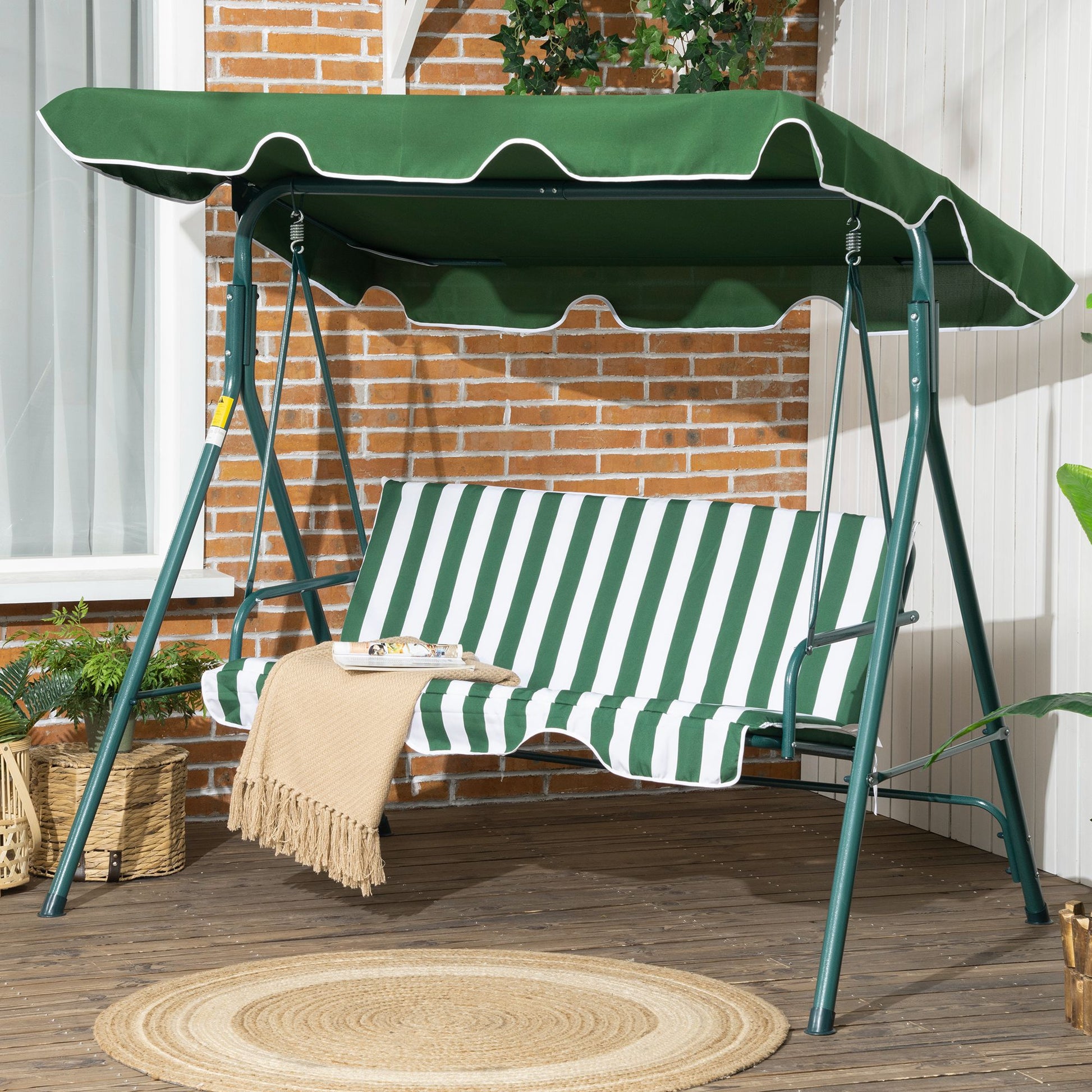 Outsunny Columpio de Jardín de 3 Plazas Balancín Exterior con Techo Ajustable y Marco de Acero para Balcón Terraza Patio Carga 240 kg 172x110x153 cm Raya Verde