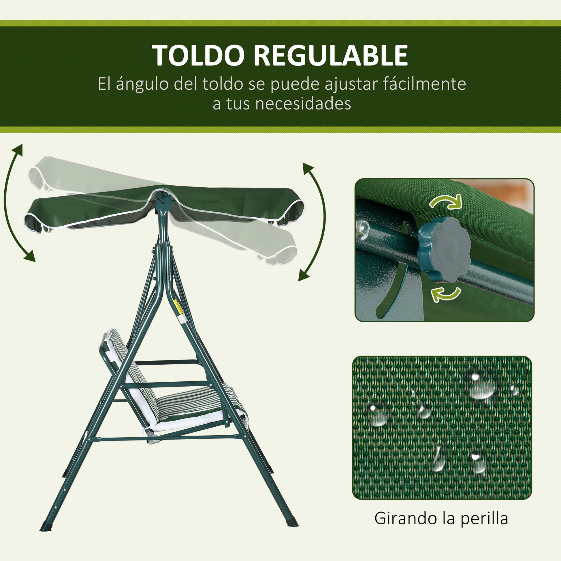 Outsunny Columpio de Jardín de 3 Plazas Balancín Exterior con Techo Ajustable y Marco de Acero para Balcón Terraza Patio Carga 240 kg 172x110x153 cm Raya Verde