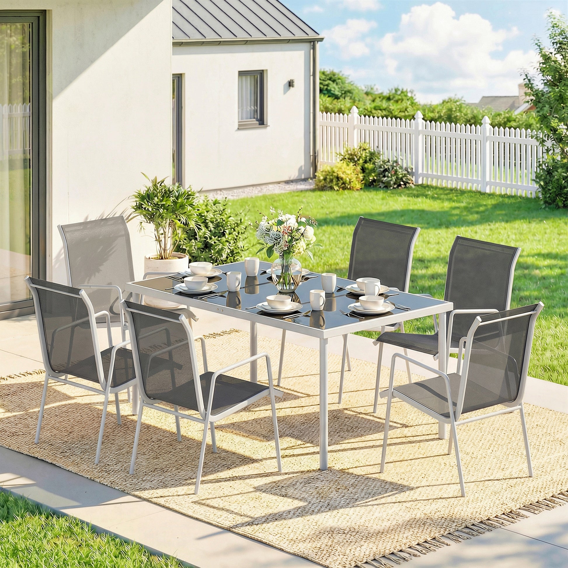Outsunny Conjunto de Mesa y Sillas Jardín de 7 Piezas, Muebles Jardín Exterior con Mesa de Vidrio Templado, 6 Sillas Apilables Transpirables, Marco de Metal Resistente a la Intemperie, Blanco y Gris
