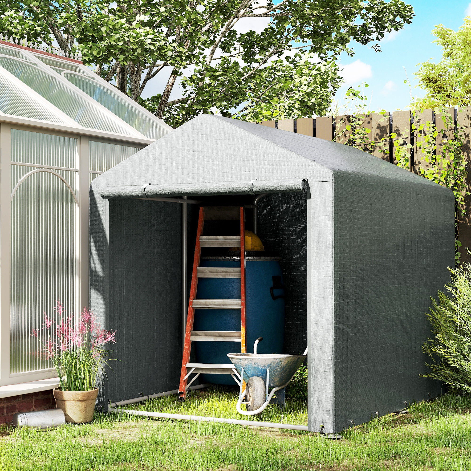 Outsunny Carpa de Jardín Exterior para Herramientas Bicicletas 1,6x2,2x1,7 m, Cobertizo Exterior con 2 Habitaciones, Puerta Enrollable con Cremallera, Impermeable Anti-UV, Garaje Portátil, Gris Claro
