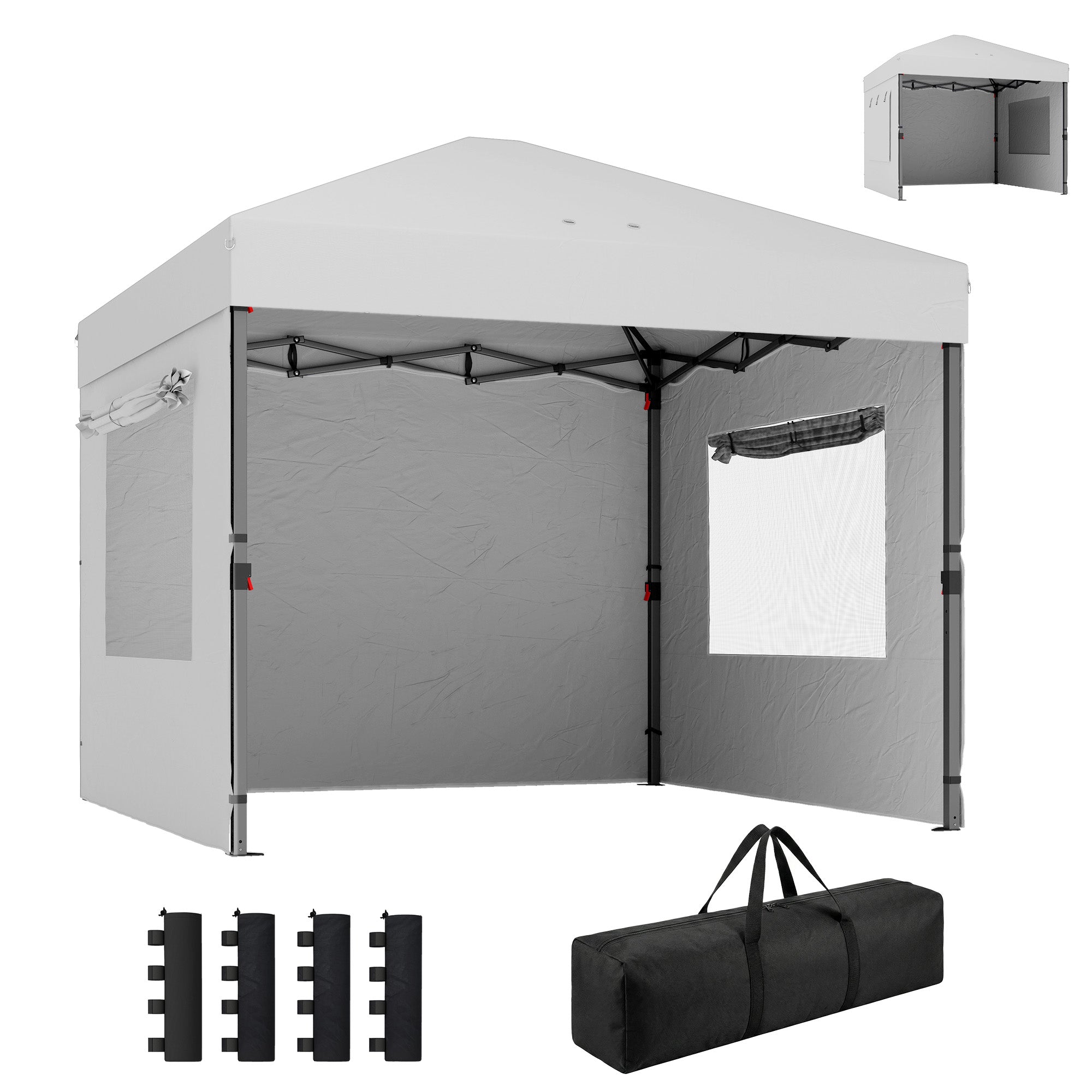 Outsunny Carpa Plegable 3x3 m, Pop-up, Cenador Pabellón de Jardín con 3 Paredes Laterales, 2 Ventanas Malla, UPF50+, Altura Ajustable 3 Niveles, Bolsa Transporte, Sacos Arena, Gazebo Exterior, Blanco