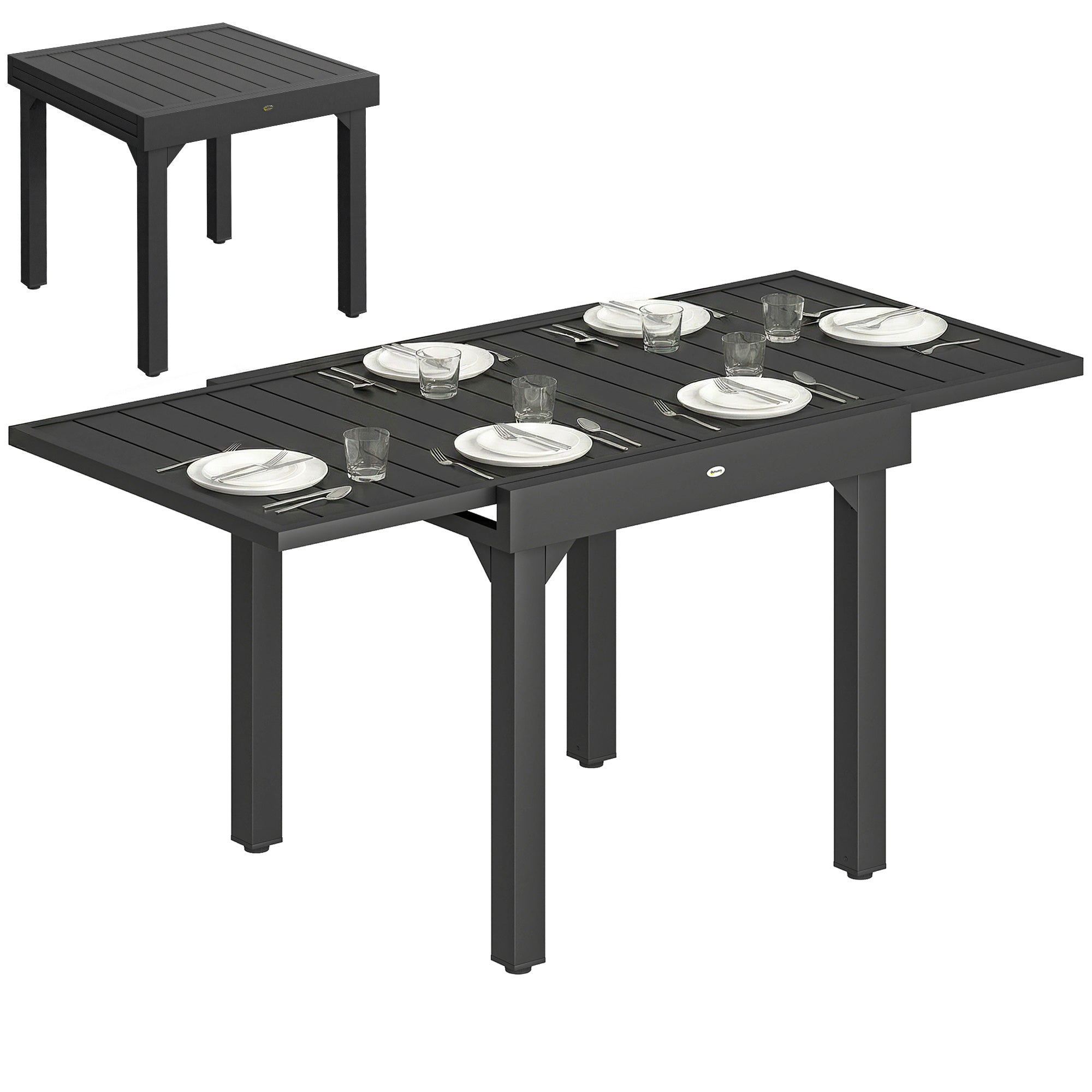 Outsunny Mesa de Jardín Extensible, Mesa de Comedor Exterior Extensible 80/160x80 cm, de Aluminio, con Superficie de Lamas, Carga 70 kg, Mesita Rectangular para 4-6 Personas, para Patio, Terraza, Negro