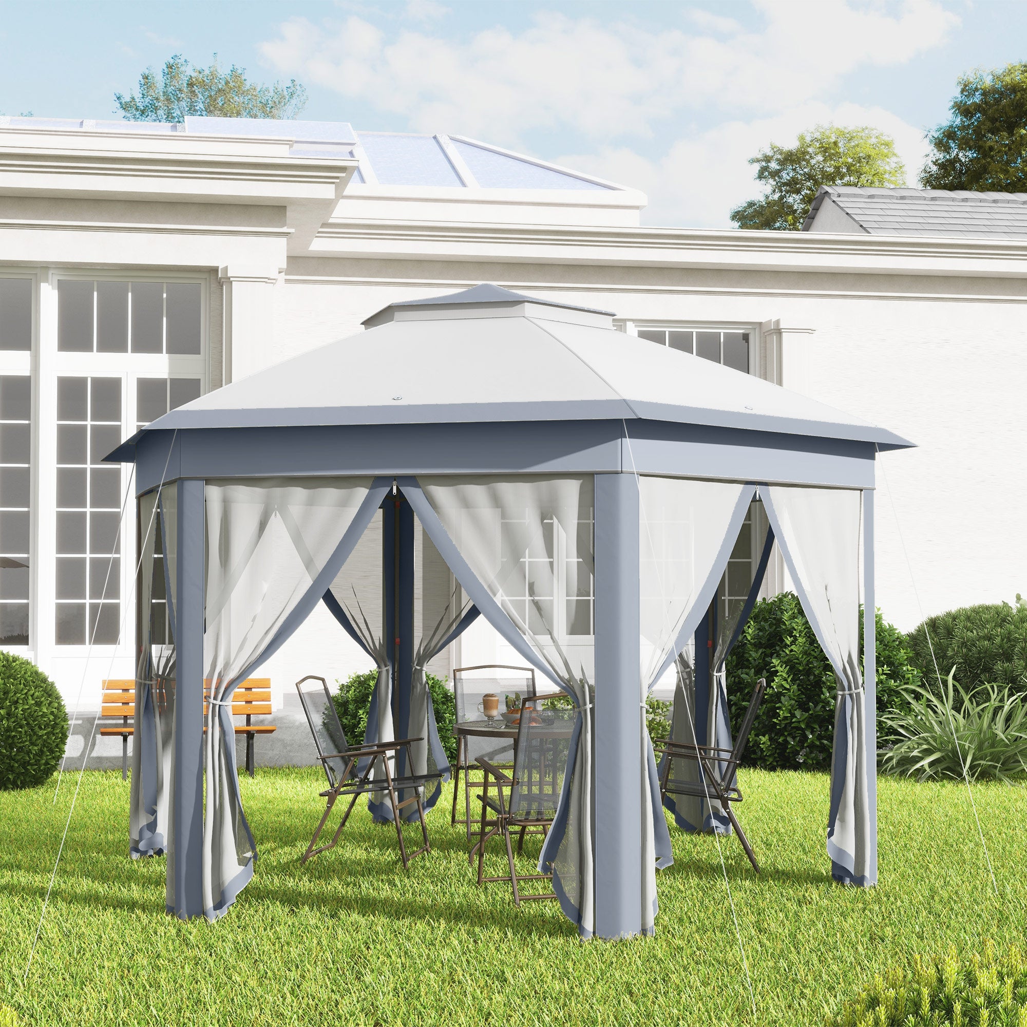 Outsunny Carpa Plegable 4x3,4 m, Cenador de Jardín Hexagonal con Doble Techo, 6 Mosquiteras Extraíbles y Bolsa de Transporte, Impermeable, Anti-UV para Exterior, Fiestas, Gris
