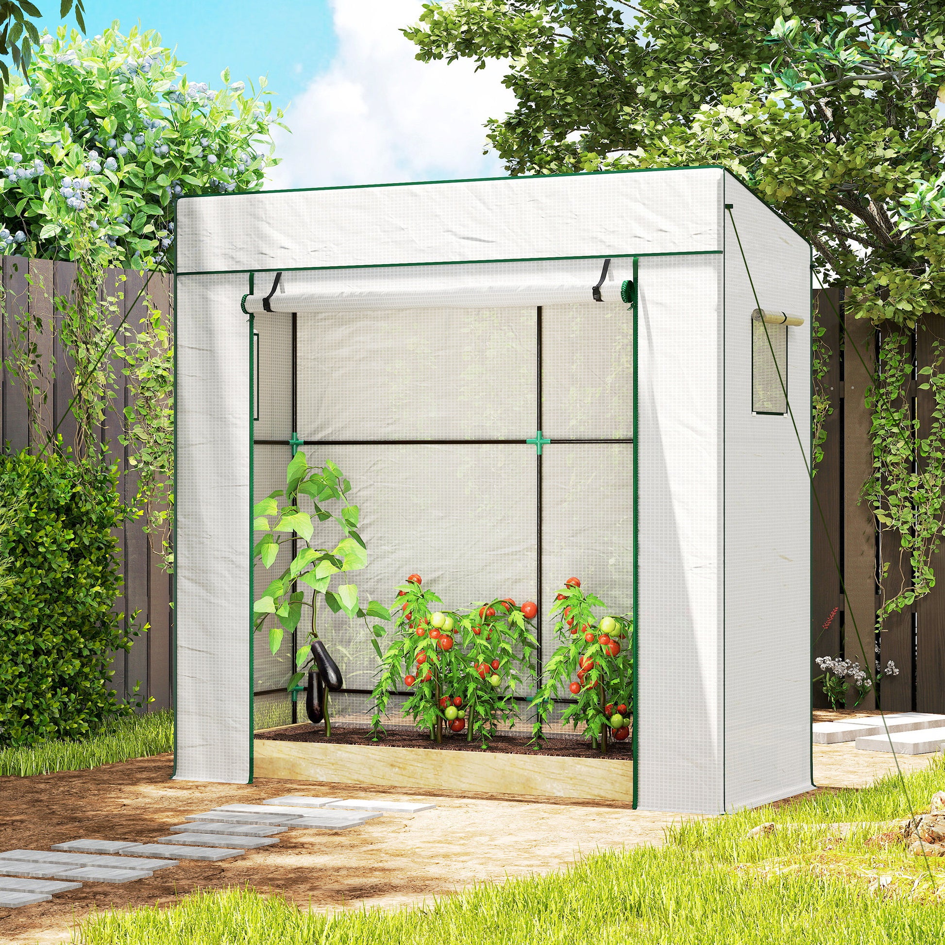 Outsunny Invernadero Pequeño Invernadero de Exterior con Ventanas de Malla y Puerta con Cremallera Marco de Acero y Cubierta de PE 140g/m² para Cultivar Tomates Plantas Flores 196x77x197 cm Blanco