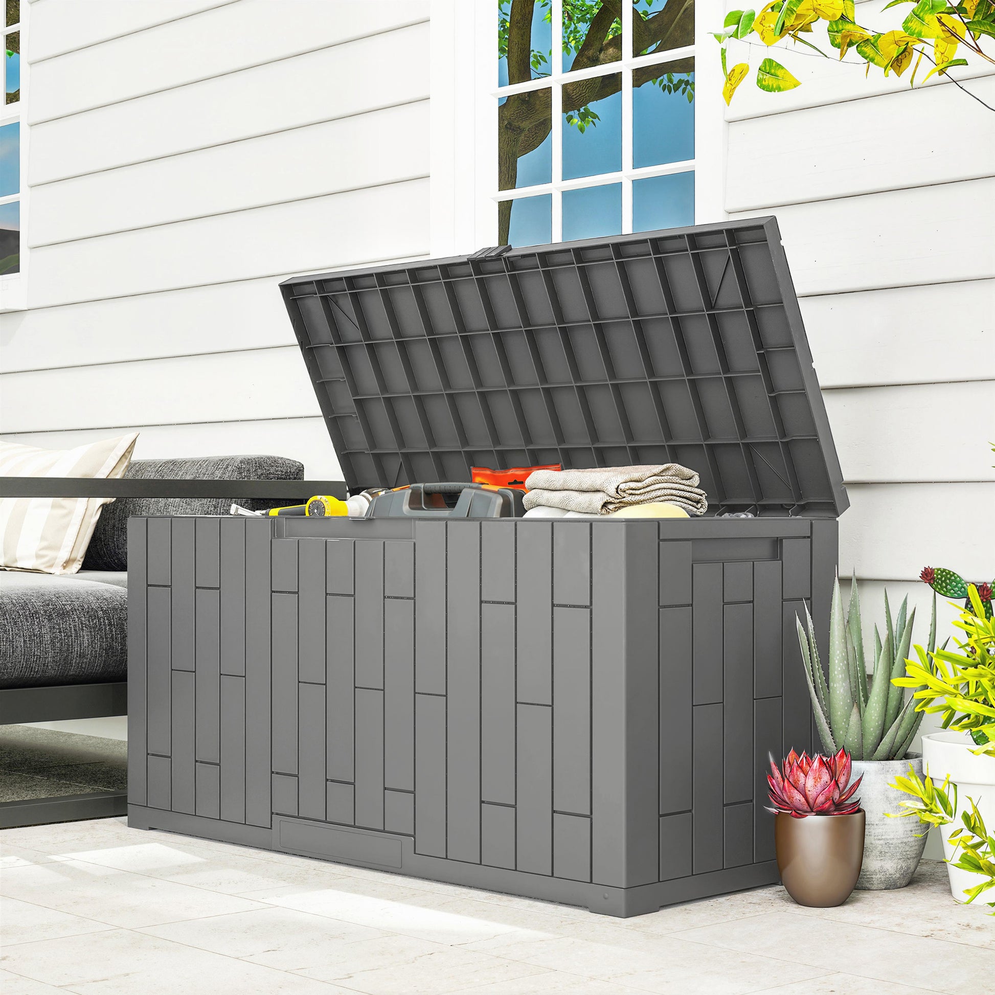 Outsunny Arcón Exterior Capacidad 227L, Baúl de Almacenaje Exterior de Resina Resistente al Agua y a los Rayos UV, con Cerradura para Jardín, Terraza, Patio, 106,5x43x54,5 cm, Gris