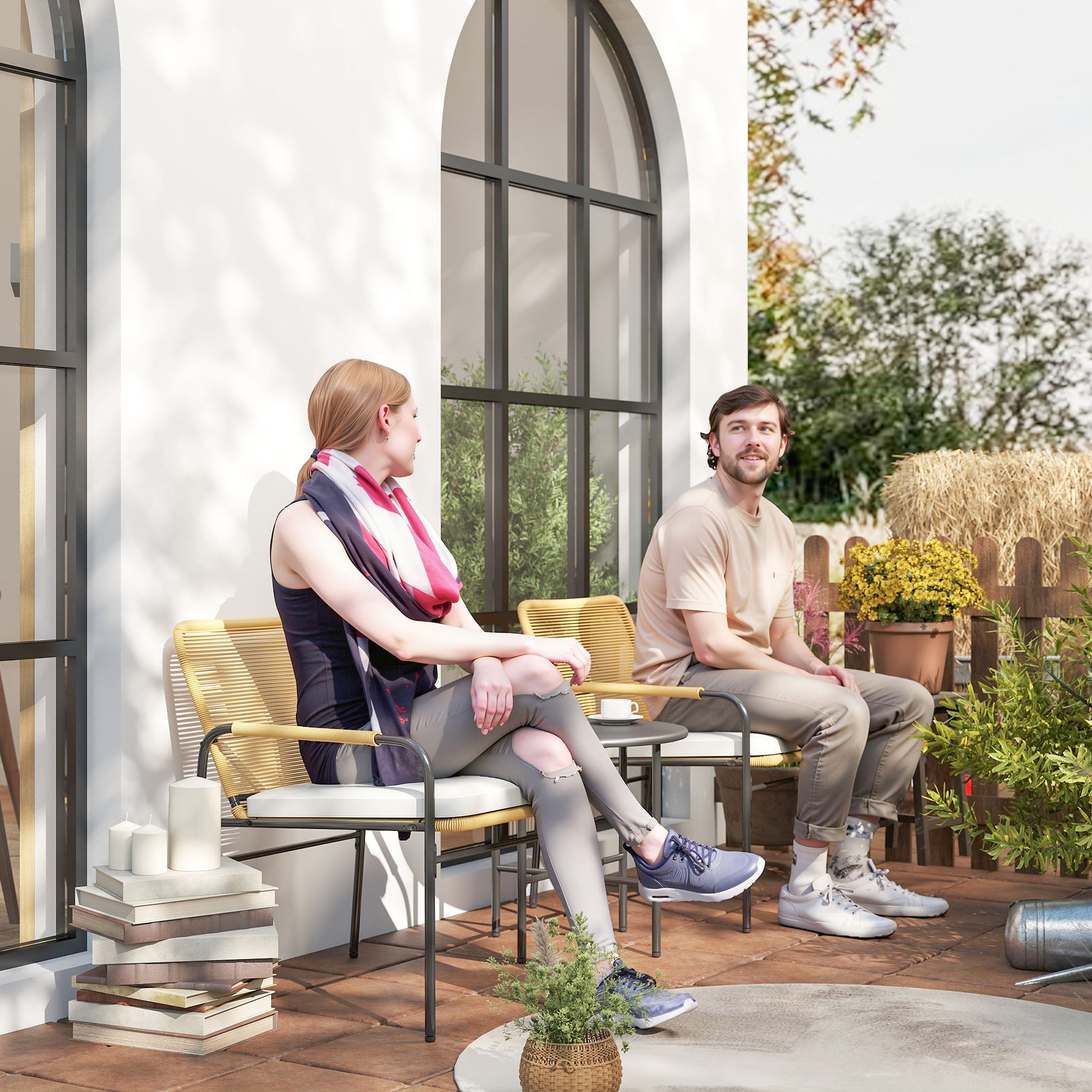 Outsunny Conjunto de Jardín Exterior de 3 Piezas Muebles de Jardín con 2 Sillas con Cojines Extraíbles Lavables y Mesa de Terraza con Tablero de Metal Resistente para Balcón Patio Natural y Crema