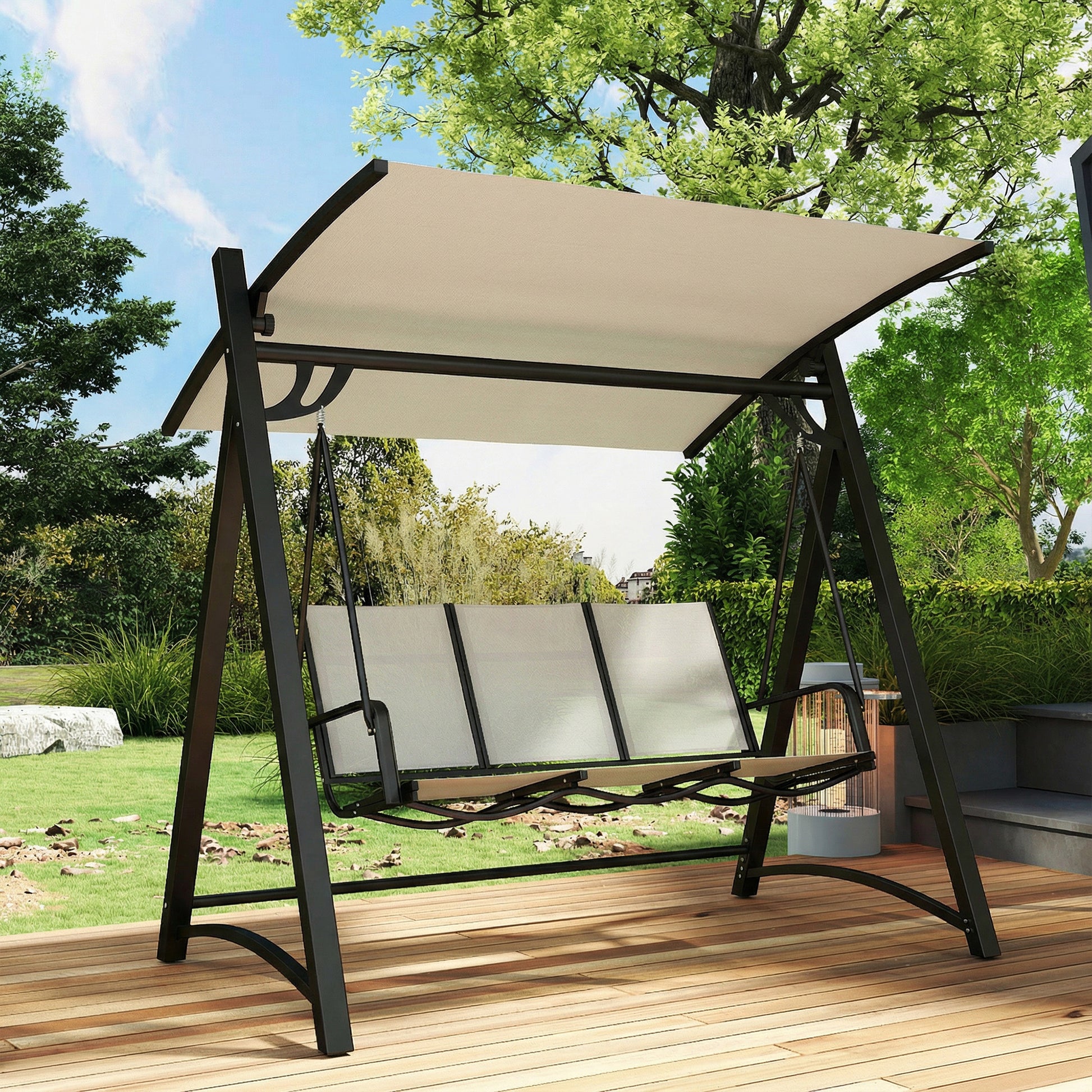 Outsunny Columpio de Jardín de 3 Plazas, Balancín de Jardín Exterior con Techo Ajustable, UPF50+, Asiento Transpirable y Marco de Metal, para Patio, Terraza, Carga 360 kg, 188x130x183 cm, Blanco Crema
