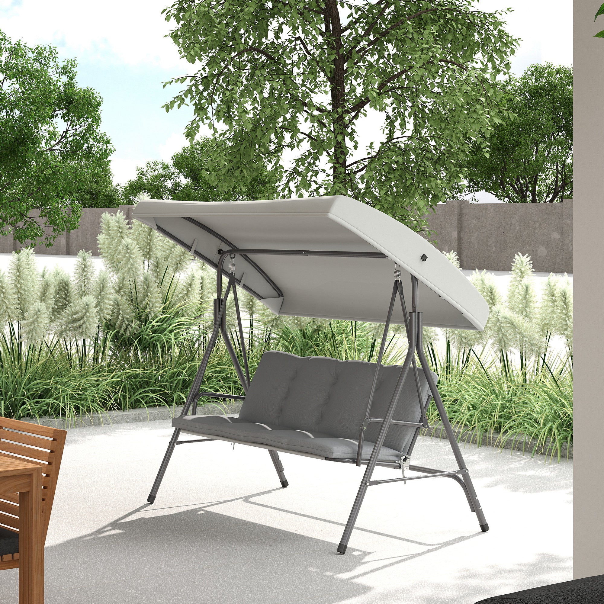 Outsunny Columpio de Jardín Exterior de 3 Plazas, Balancín de Jardín Exterior con Techo Ajustable y Marco de Acero, para Balcón, Terraza, Patio, Carga 210 kg, 172x110x156 cm, Gris Claro