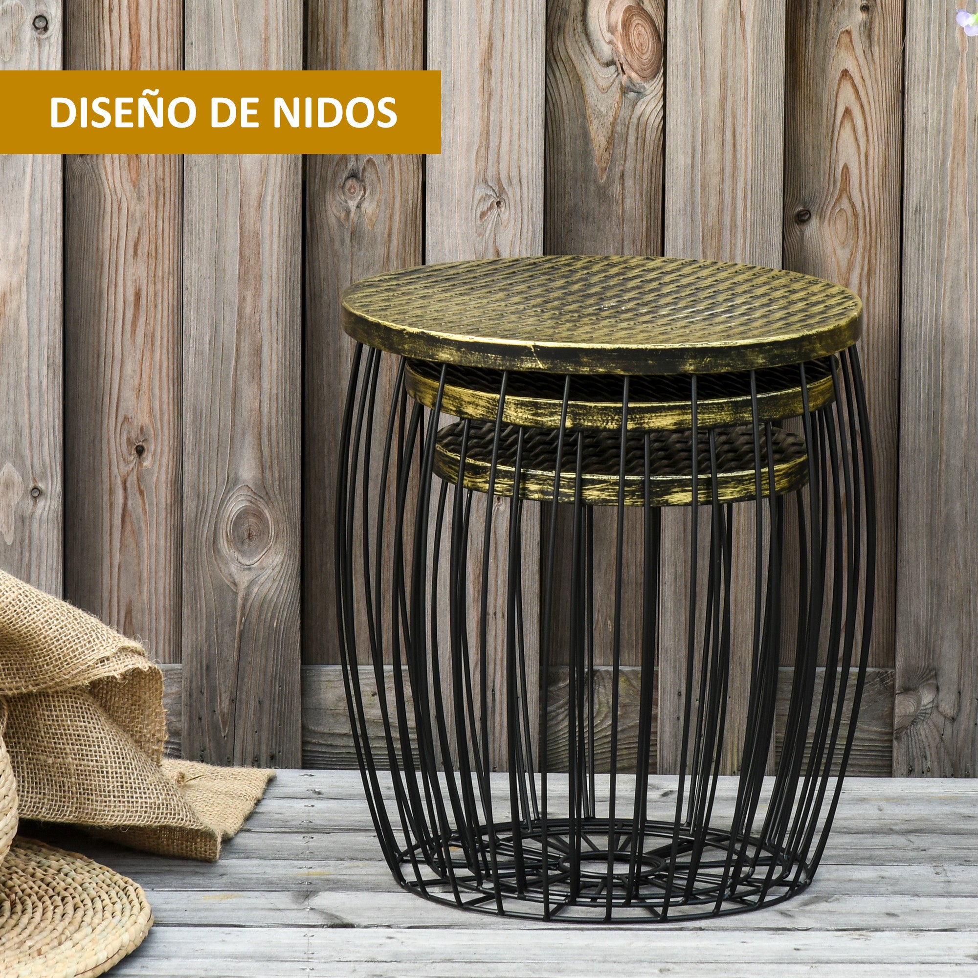 Outsunny Juego de 3 Mesas de Jardín Apilables Mesas Auxiliares de Jardín Redondas de Estilo Industrial con Marco Metálico y Encimera Imitación Ratán para Balcón Terraza Patio Negro