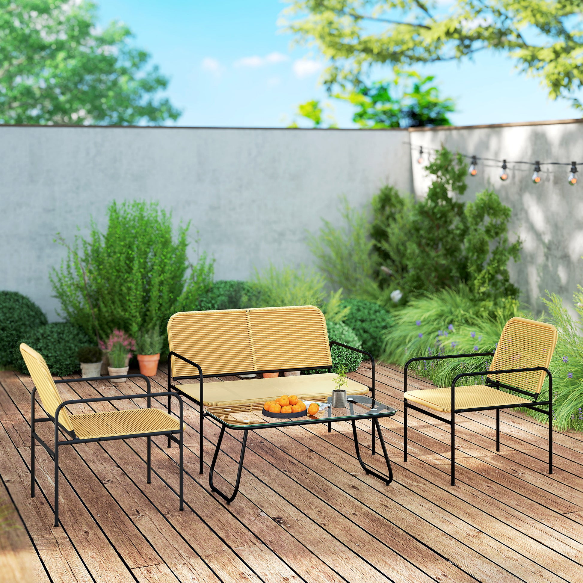 Outsunny Conjunto Jardín Exterior de Ratán Conjunto Terraza Resistente a la Intemperie Muebles Jardín Exterior con 2 Sillones Sofá de 2 Plazas y Mesa de Tablero de Vidrio Templado Natural