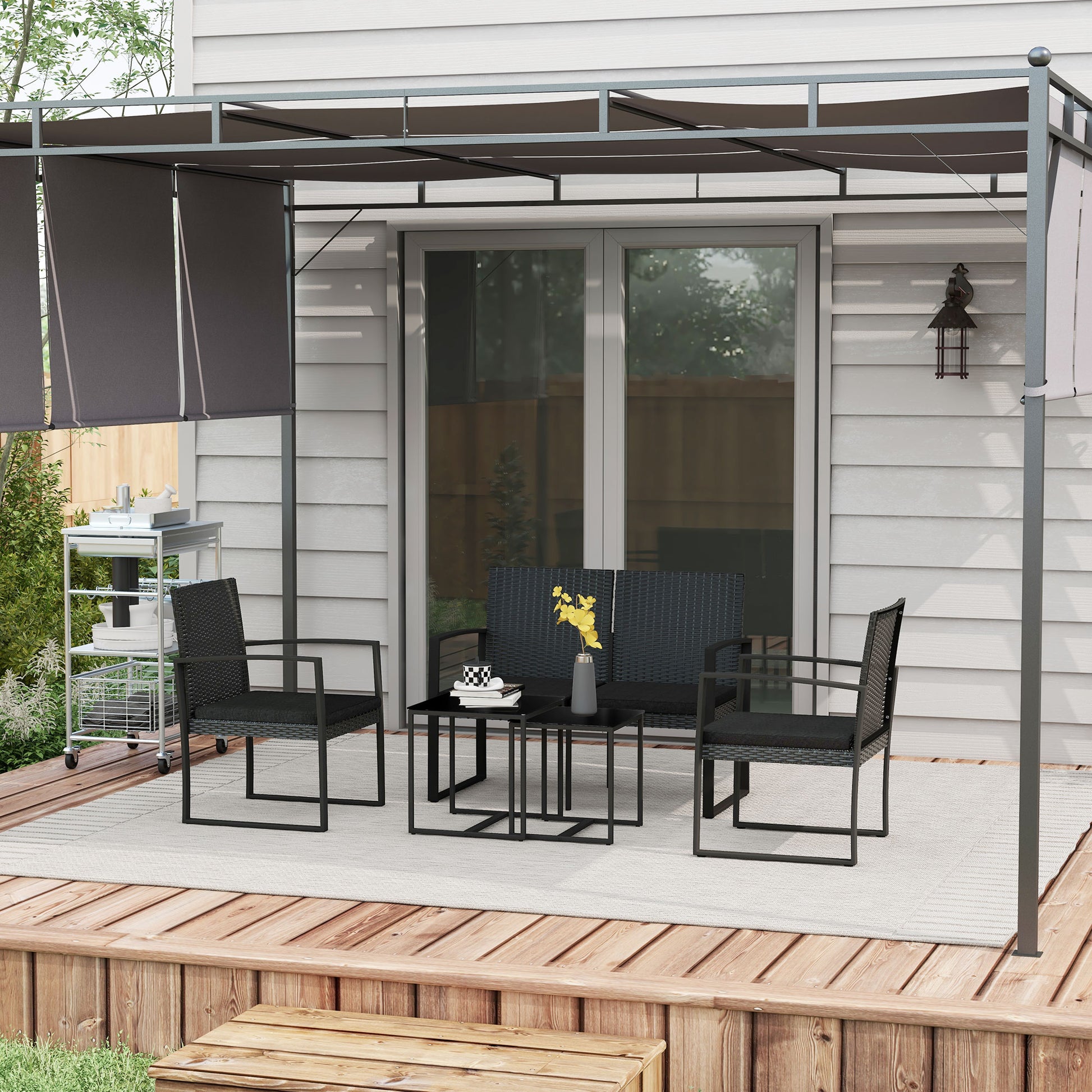 Outsunny Conjunto de Muebles de Jardín de Ratán Sintético Juego de Sofás Exterior de 5 Piezas con 2 Sofás Individuales 1 Sofá Doble y 2 Mesas de Centro para Patio Terraza Negro