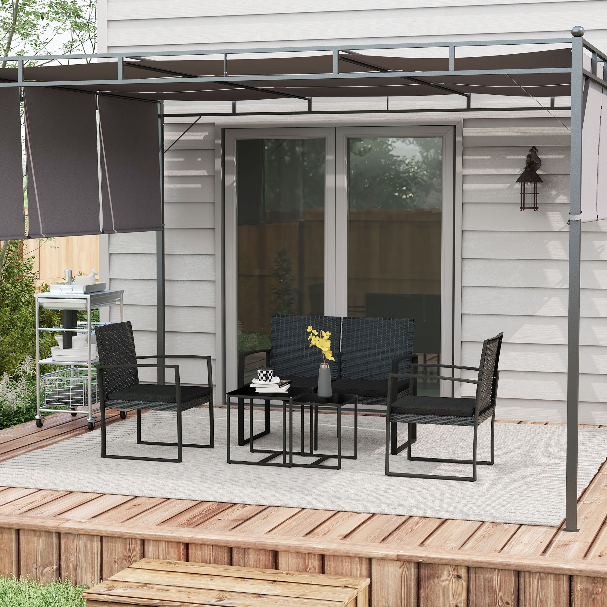 Outsunny Conjunto de Muebles de Jardín de Ratán Sintético Juego de Sofás Exterior de 5 Piezas con 2 Sofás Individuales 1 Sofá Doble y 2 Mesas de Centro para Patio Terraza Negro