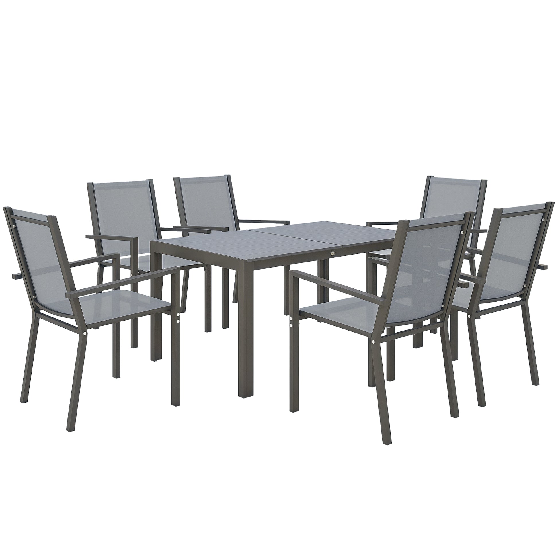 Outsunny Conjunto de Mesa y Sillas Jardín de 7 Piezas, Muebles de Jardín Exterior con 6 Sillas Apilables y Marco de Acero, para Terraza, Patio, Gris Claro