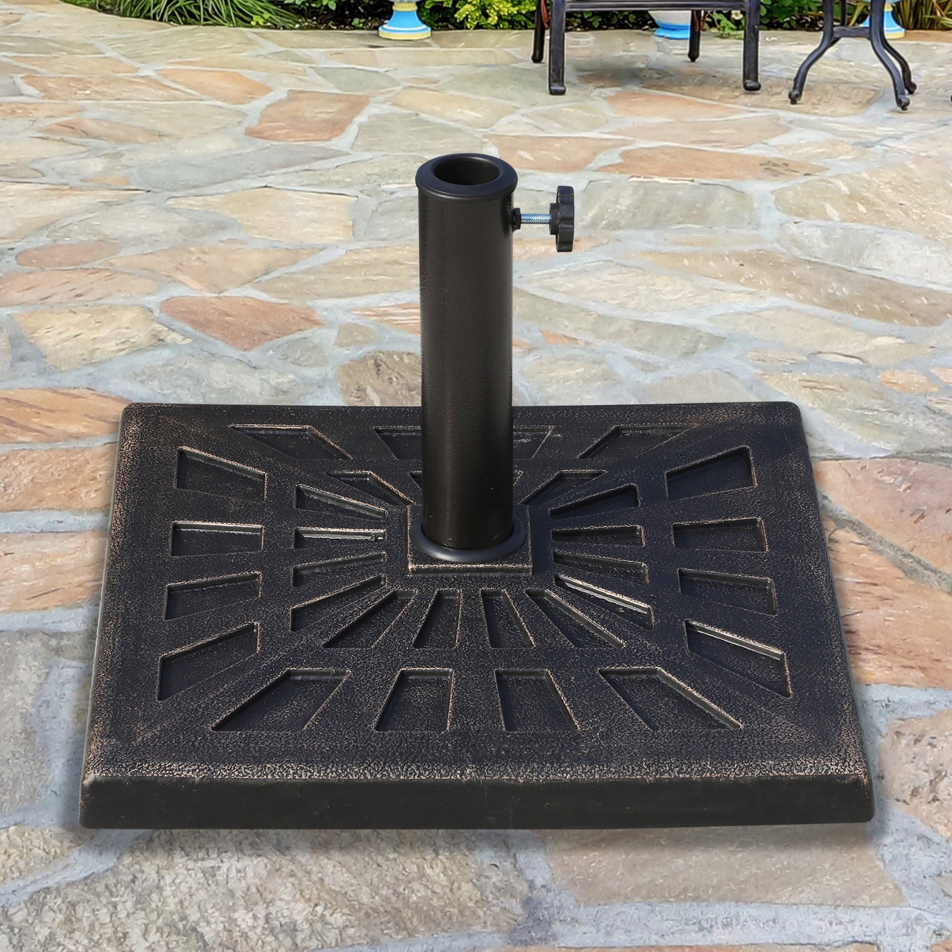 Outsunny Base de Sombrilla Peso 15 kg Soporte para Parasol de Resina para Mástiles de Ø3,8 cm y Ø4,8 cm para Terraza Patio Jardín Playa 47x47x32 cm Bronce