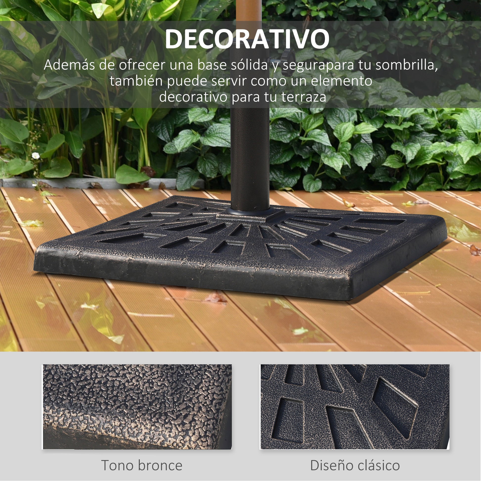 Outsunny Base de Sombrilla Peso 15 kg Soporte para Parasol de Resina para Mástiles de Ø3,8 cm y Ø4,8 cm para Terraza Patio Jardín Playa 47x47x32 cm Bronce