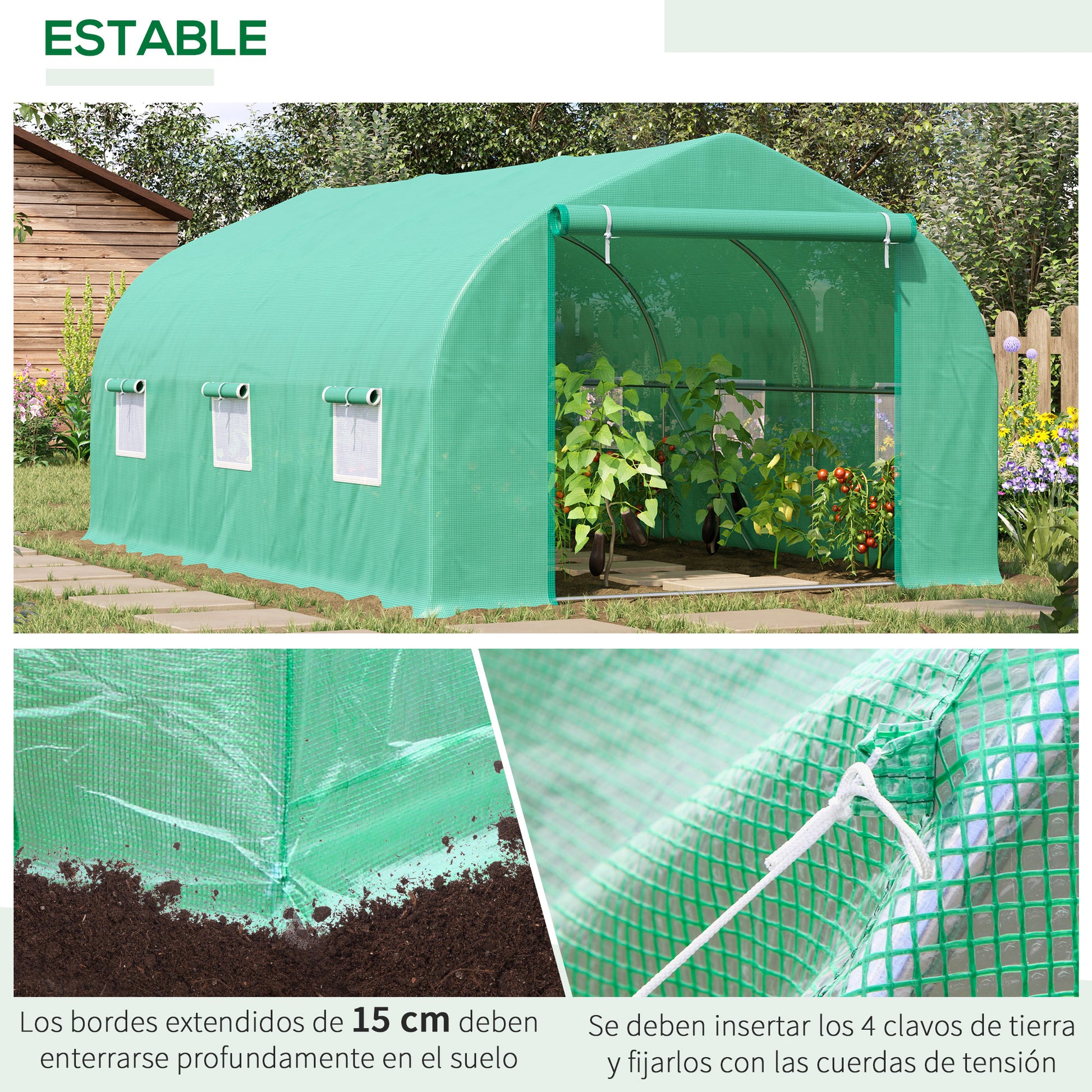 Outsunny Invernadero de Túnel 450x300x205 cm Invernadero de Jardín con 6 Ventanas Cubierta de Polietileno PE 140 g/m² y Estructura de Acero para Cultivo Plantas Jardín Terraza Verde