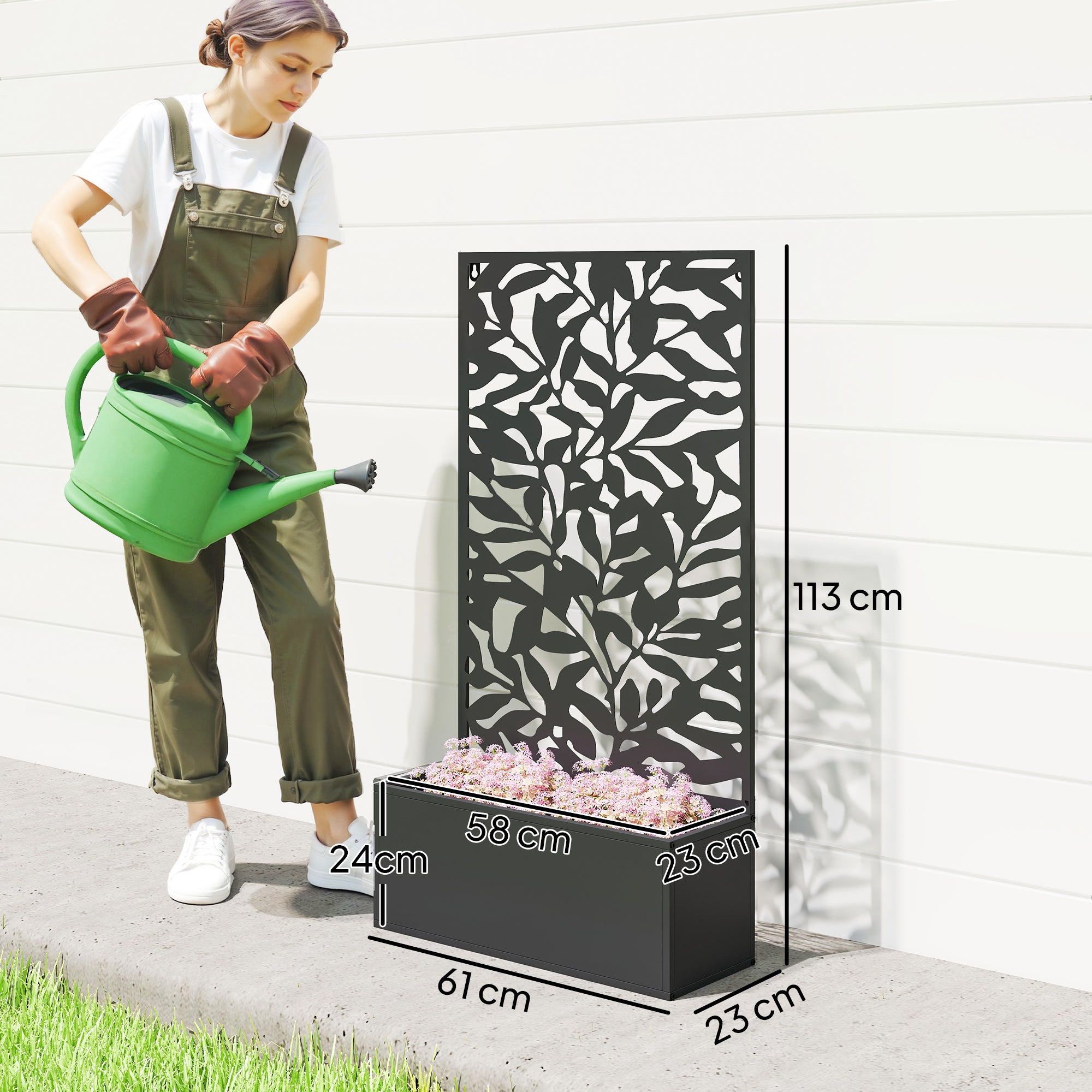 Outsunny Jardinera Exterior Grande de Metal Jardinera con Pantalla de Privacidad de Hojas Sólidas Decorativas Jardinera de Pared o Independiente para Patio Terraza 61x23x113 cm Negro