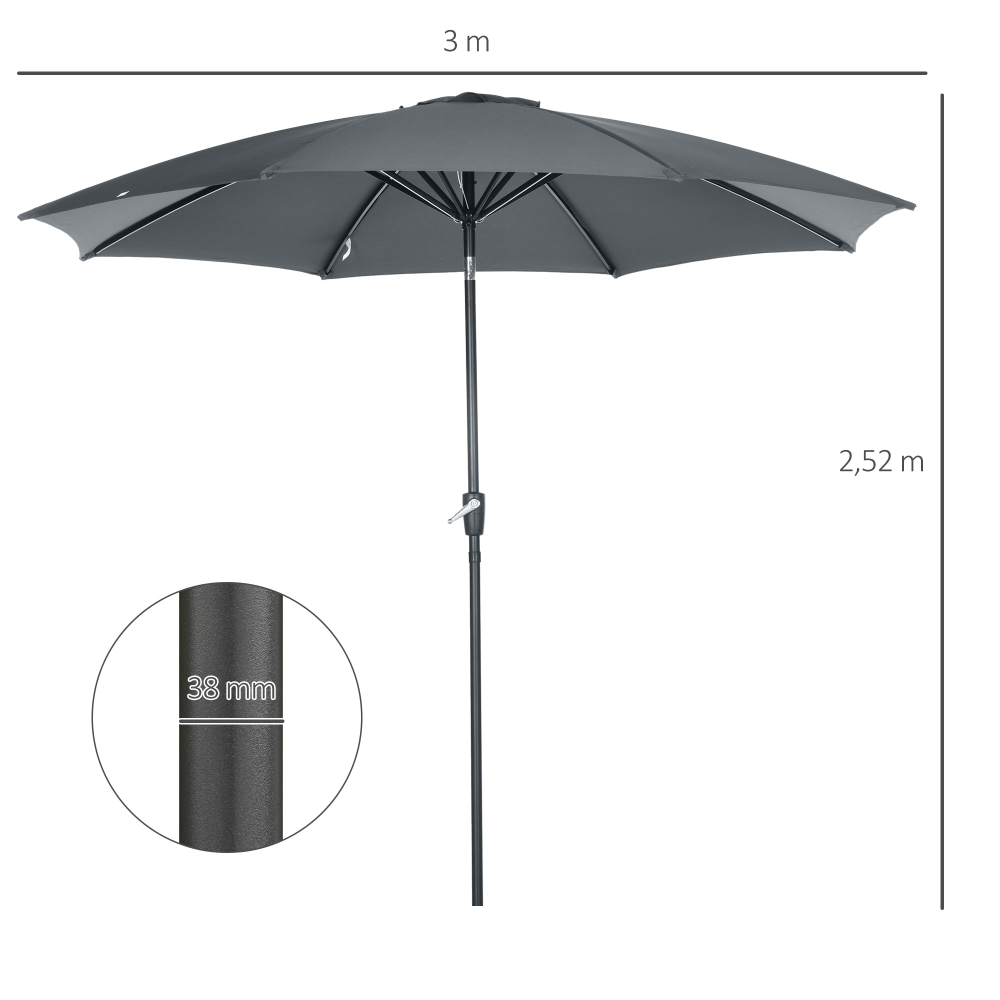 Outsunny Sombrilla de Jardín Ø300x252 cm Parasol de Terraza con Manivela Techo Inclinable y 8 Varillas de Metal para Patio Balcón Exterior Gris
