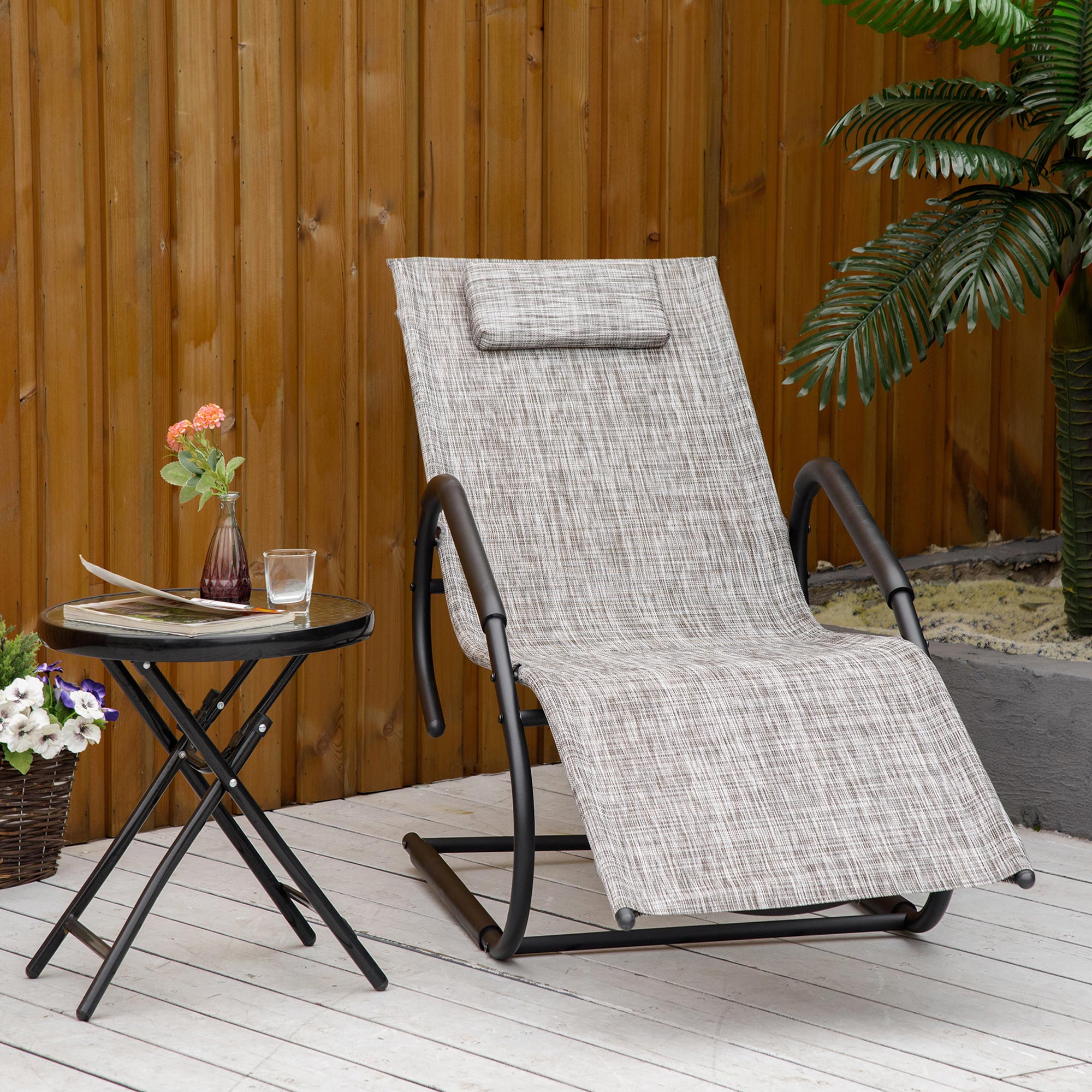 Outsunny Tumbona de Jardín Ergonómica con Reposacabezas Reposapiés y Reposabrazos Mecedora Tapizado en Tela Texteline Transpirable para Exterior Terraza Patio 160x59,5x83 cm Gris