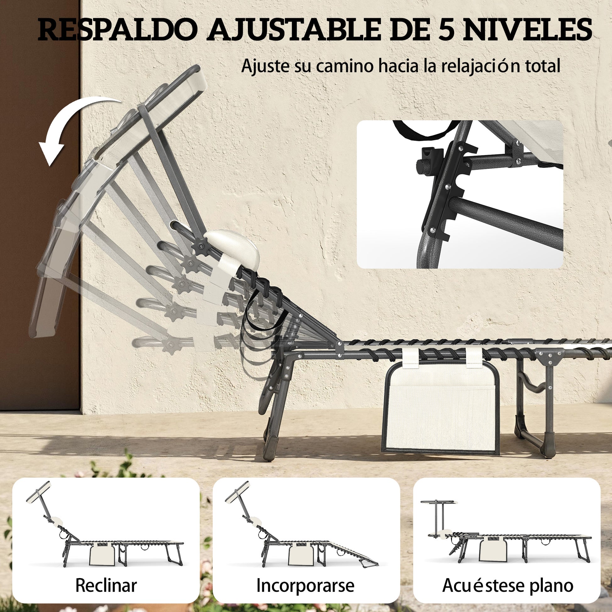 Outsunny Set de 2 Tumbonas Jardín Exterior, Tumbonas Plegables con Reposacabezas, Parasol y Bolsillo Lateral, Respaldo Reclinable 5 Posiciones y Asiento Malla Transpirable para Playa, Piscina, Crema