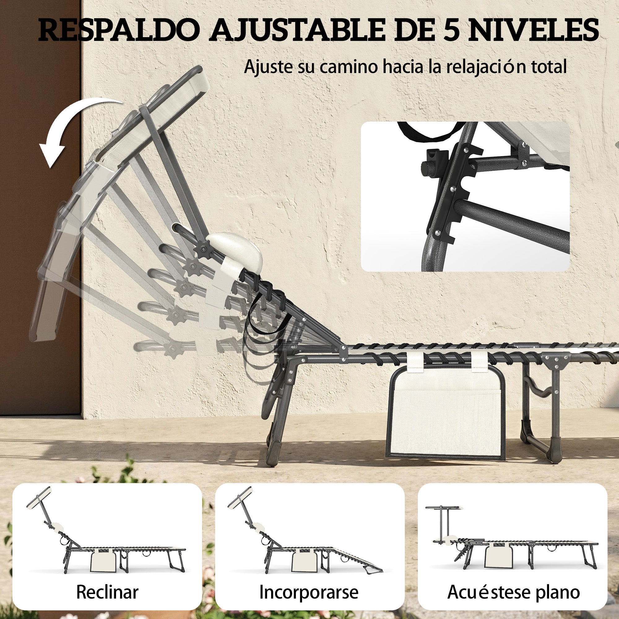 Outsunny Set de 2 Tumbonas Jardín Exterior, Tumbonas Plegables con Reposacabezas, Parasol y Bolsillo Lateral, Respaldo Reclinable 5 Posiciones y Asiento Malla Transpirable para Playa, Piscina, Crema