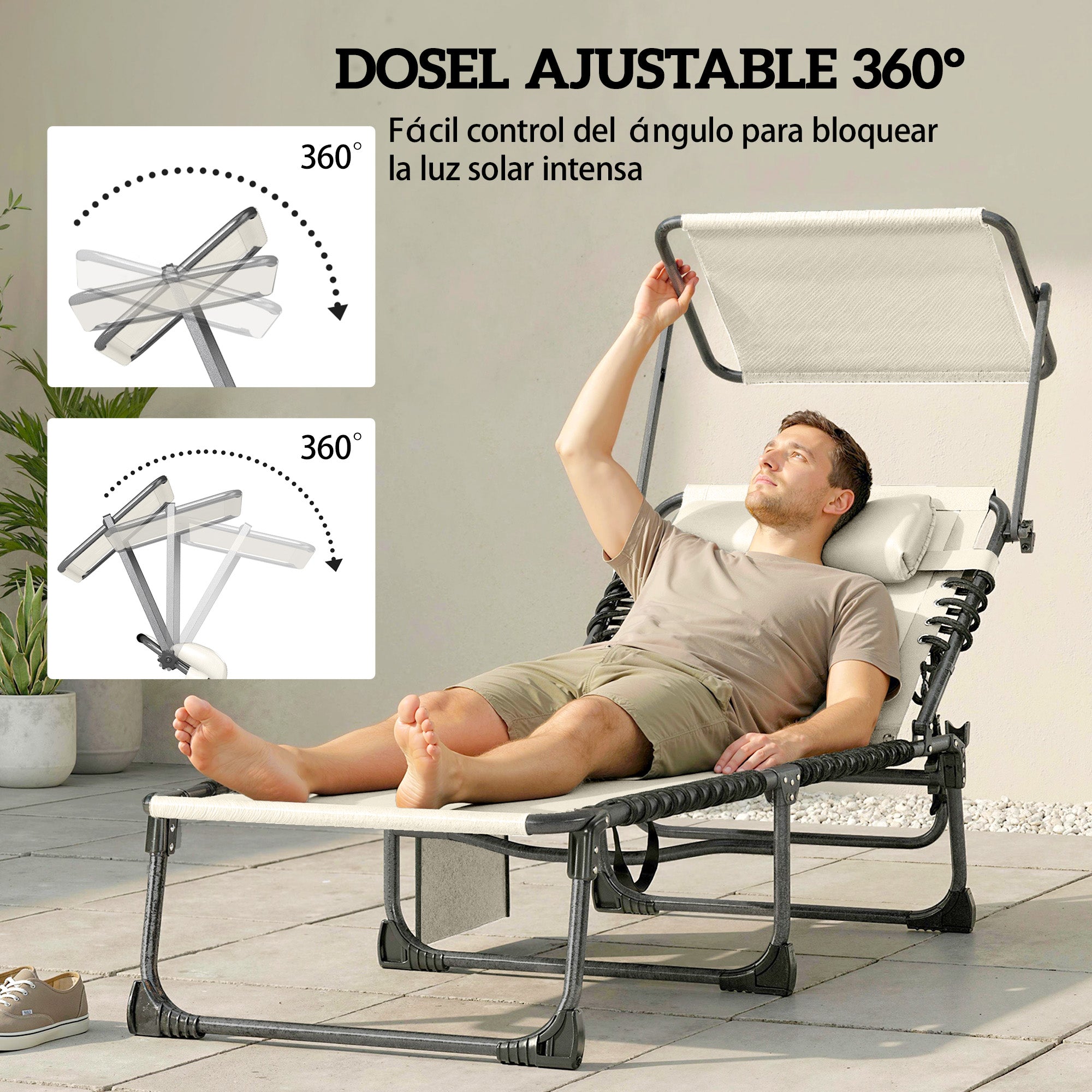 Outsunny Set de 2 Tumbonas Jardín Exterior, Tumbonas Plegables con Reposacabezas, Parasol y Bolsillo Lateral, Respaldo Reclinable 5 Posiciones y Asiento Malla Transpirable para Playa, Piscina, Crema