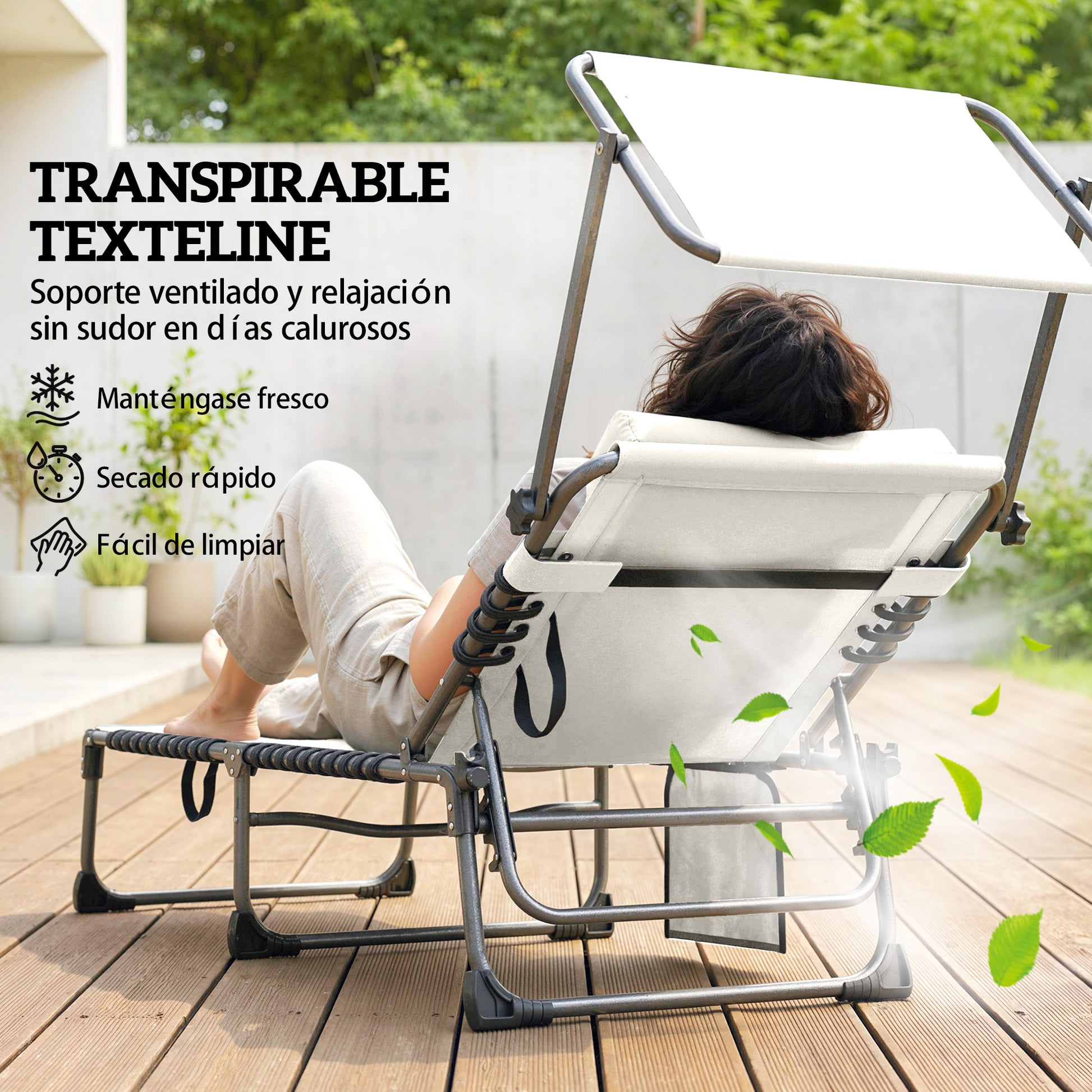 Outsunny Set de 2 Tumbonas Jardín Exterior, Tumbonas Plegables con Reposacabezas, Parasol y Bolsillo Lateral, Respaldo Reclinable 5 Posiciones y Asiento Malla Transpirable para Playa, Piscina, Crema