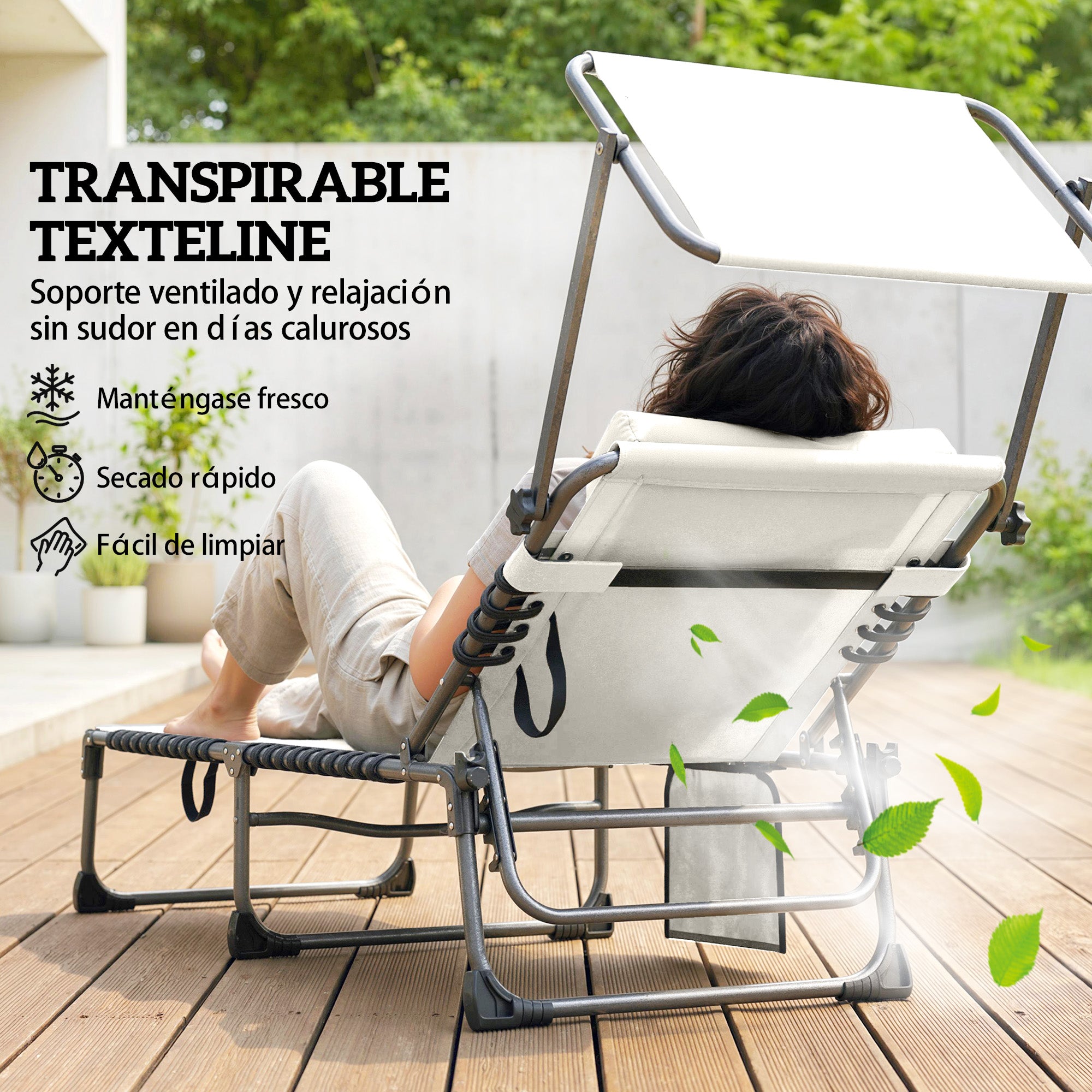 Outsunny Set de 2 Tumbonas Jardín Exterior, Tumbonas Plegables con Reposacabezas, Parasol y Bolsillo Lateral, Respaldo Reclinable 5 Posiciones y Asiento Malla Transpirable para Playa, Piscina, Crema