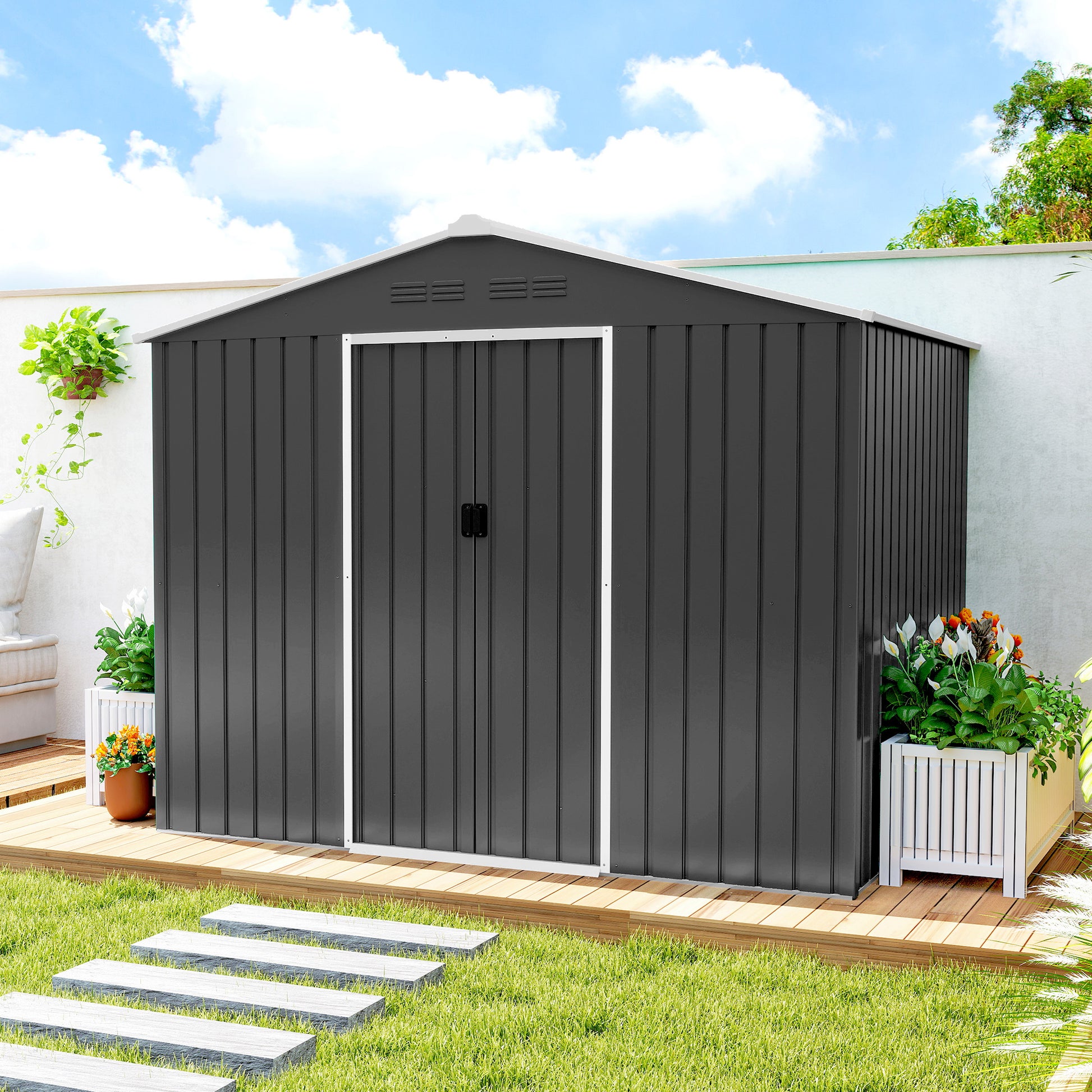 Outsunny Caseta de Jardín Exterior 3,6 m², 236x171x191 cm, Cobertizo de Jardín Exterior Metálico con Puertas Correderas y Ranuras de Ventilación, para Almacenamiento de Herramientas, Gris Oscuro