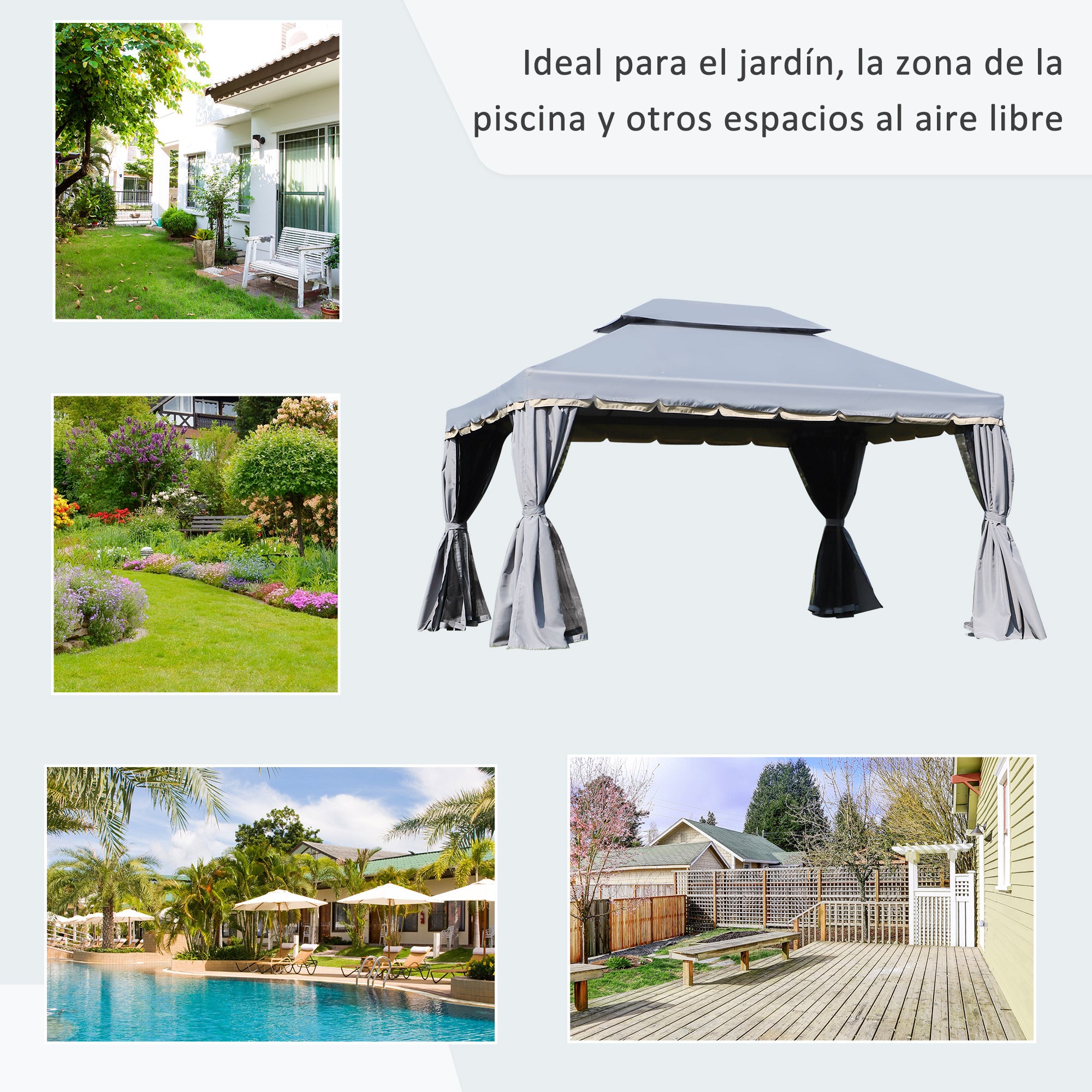 Outsunny Cenador de Jardín 4x3 m, Pabellón de Jardín Gazebo con Doble Techo, 4 Cortinas y Mosquitera, Marco de Aluminio, Orificios de Drenaje, UPF50+, Carpa para Exterior, Terraza, Patio, Gris