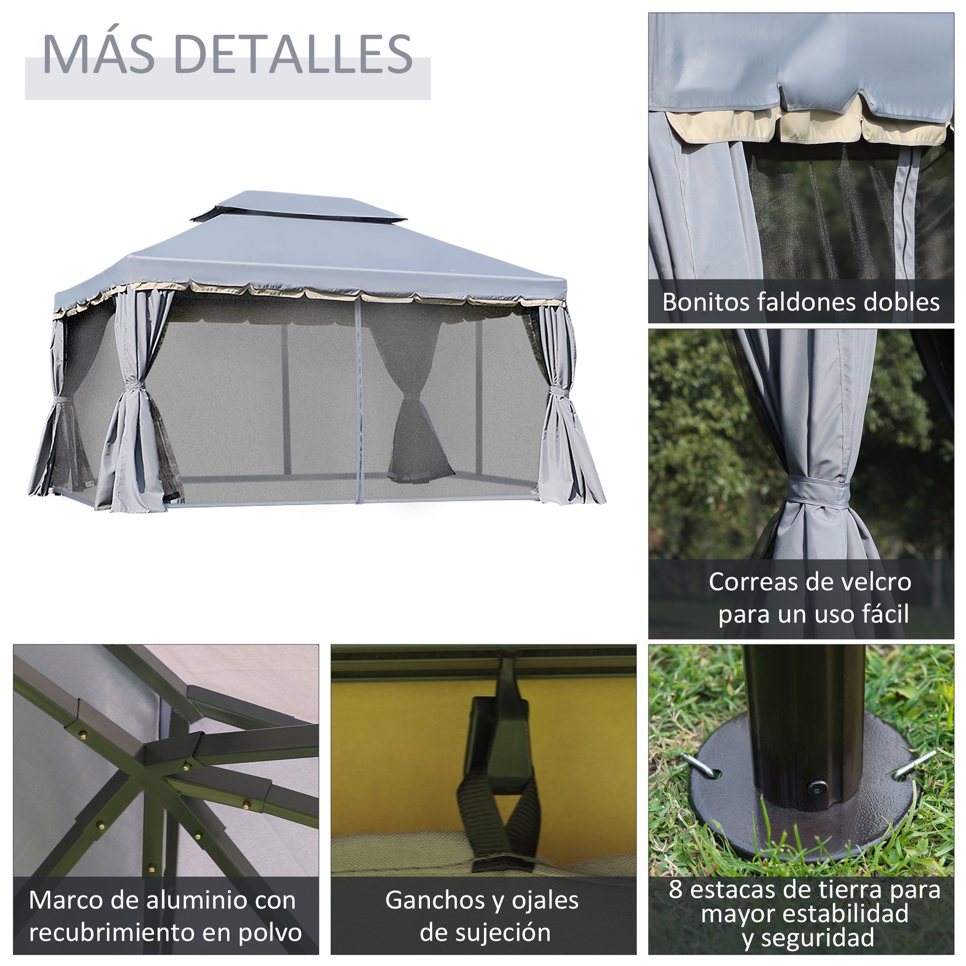 Outsunny Cenador de Jardín 4x3 m, Pabellón de Jardín Gazebo con Doble Techo, 4 Cortinas y Mosquitera, Marco de Aluminio, Orificios de Drenaje, UPF50+, Carpa para Exterior, Terraza, Patio, Gris