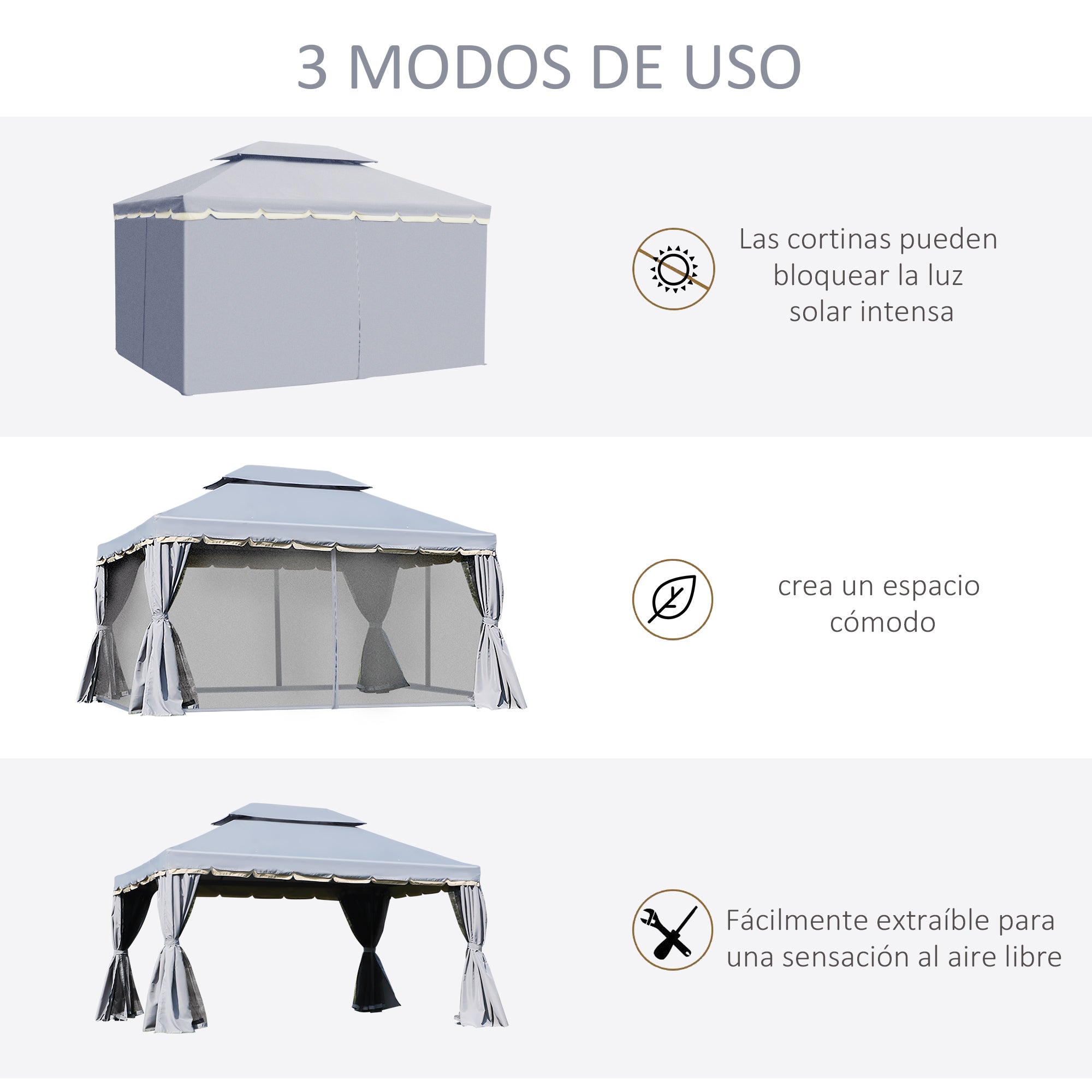 Outsunny Cenador de Jardín 4x3 m, Pabellón de Jardín Gazebo con Doble Techo, 4 Cortinas y Mosquitera, Marco de Aluminio, Orificios de Drenaje, UPF50+, Carpa para Exterior, Terraza, Patio, Gris