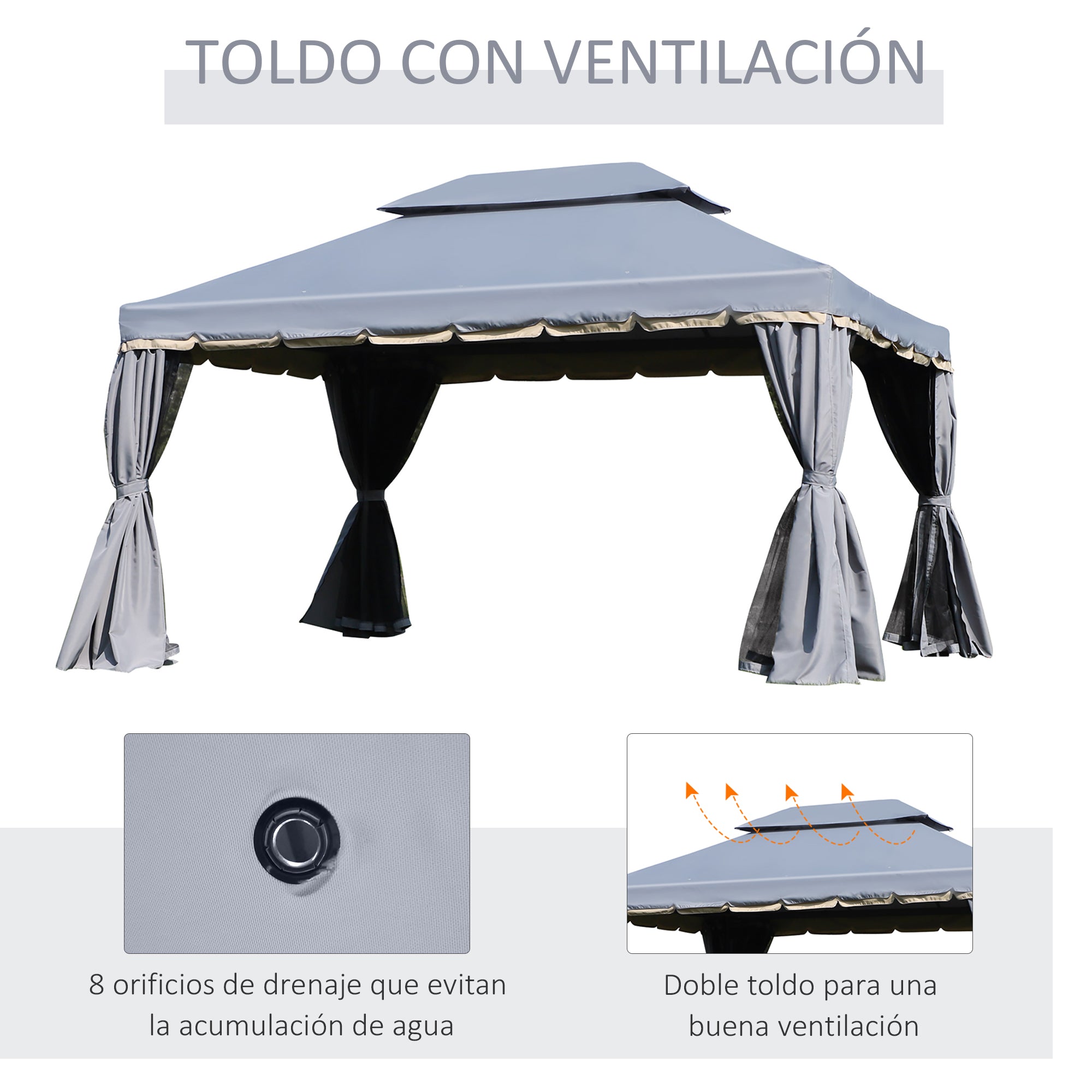 Outsunny Cenador de Jardín 4x3 m, Pabellón de Jardín Gazebo con Doble Techo, 4 Cortinas y Mosquitera, Marco de Aluminio, Orificios de Drenaje, UPF50+, Carpa para Exterior, Terraza, Patio, Gris