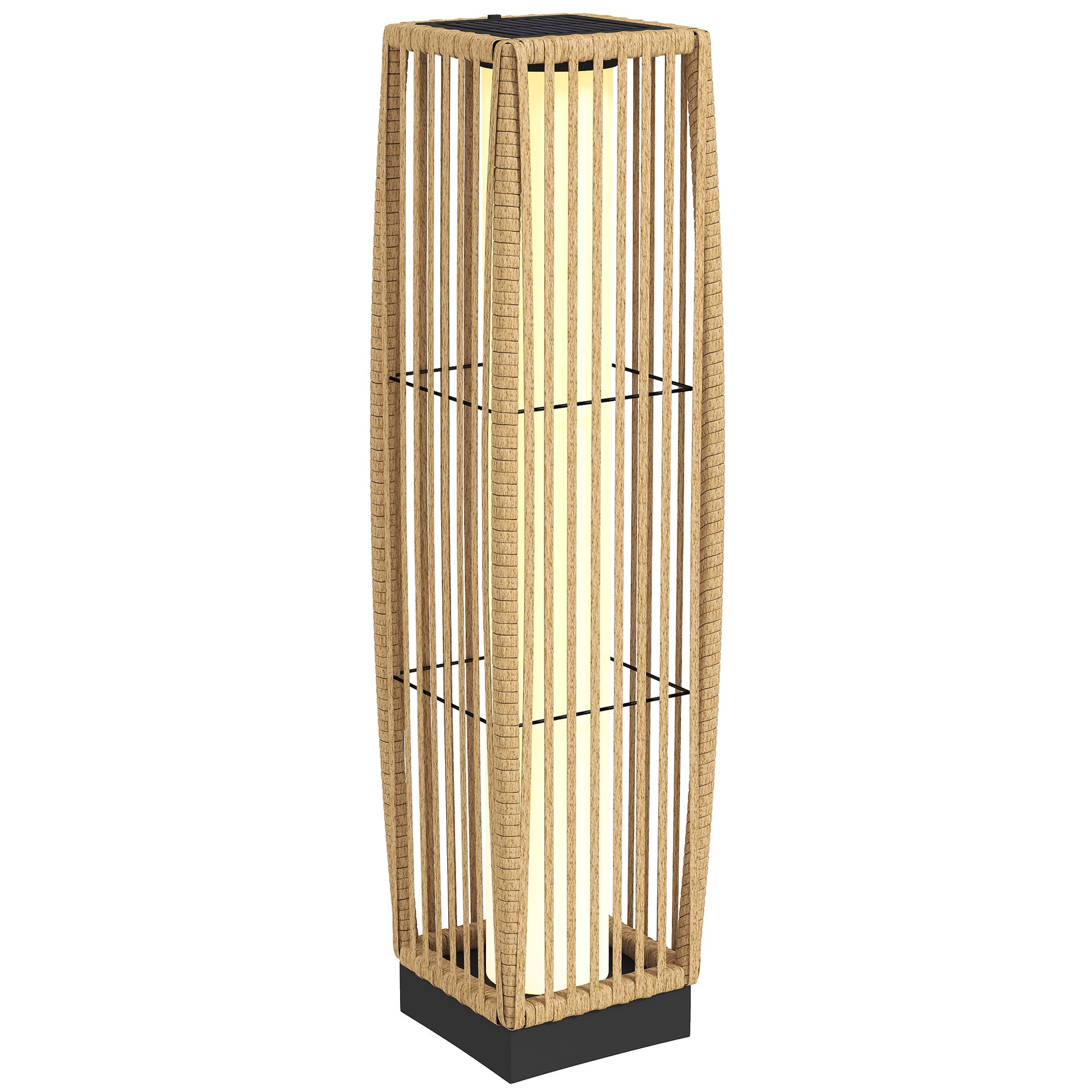 Outsunny Linterna de Jardín de Ratán, Farola Solar Exterior con Luces LED Encendido y Apagado Automático, Impermeable, IP44, Lámpara de pie para Terraza, Balcón, Patio, 19x19x68 cm, Arena