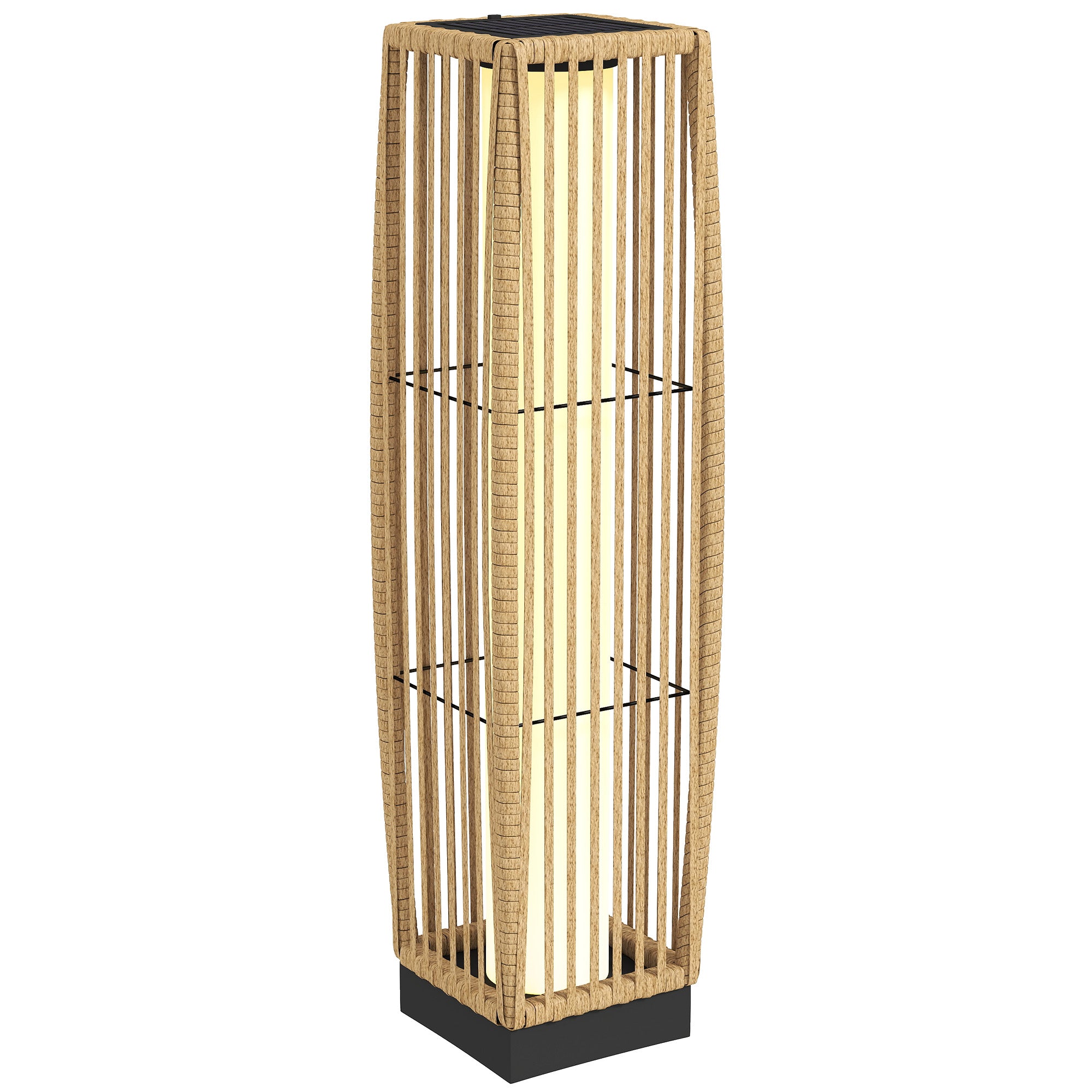Outsunny Linterna de Jardín de Ratán, Farola Solar Exterior con Luces LED Encendido y Apagado Automático, Impermeable, IP44, Lámpara de pie para Terraza, Balcón, Patio, 19x19x68 cm, Arena