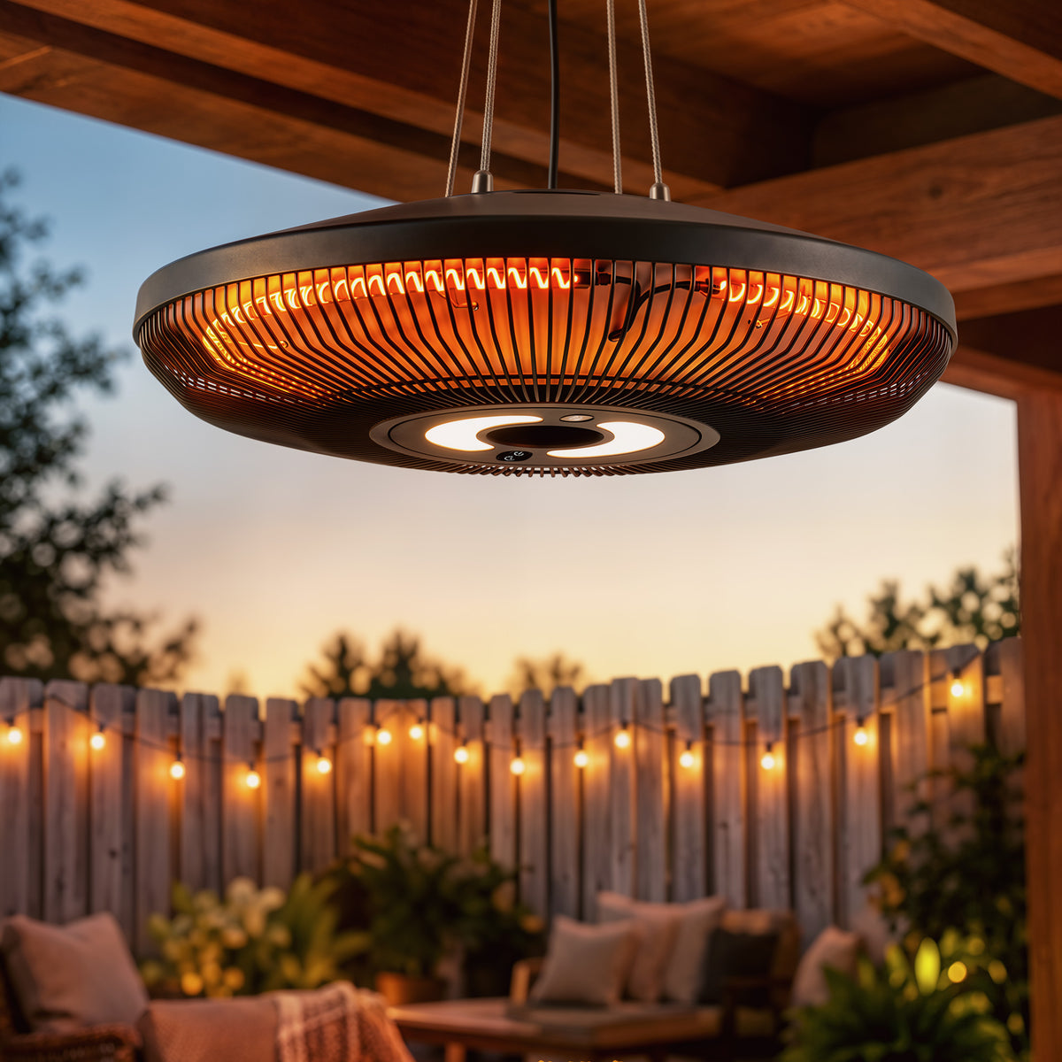 Outsunny Calefactor por Infrarrojos para Terraza Colgante 2000 W con Luz LED, Estufa Exterior Eléctrica con IP65, Control por Táctil/Mando a Distancia, 2 Niveles de Calor, Temporizador 24 h, Negro