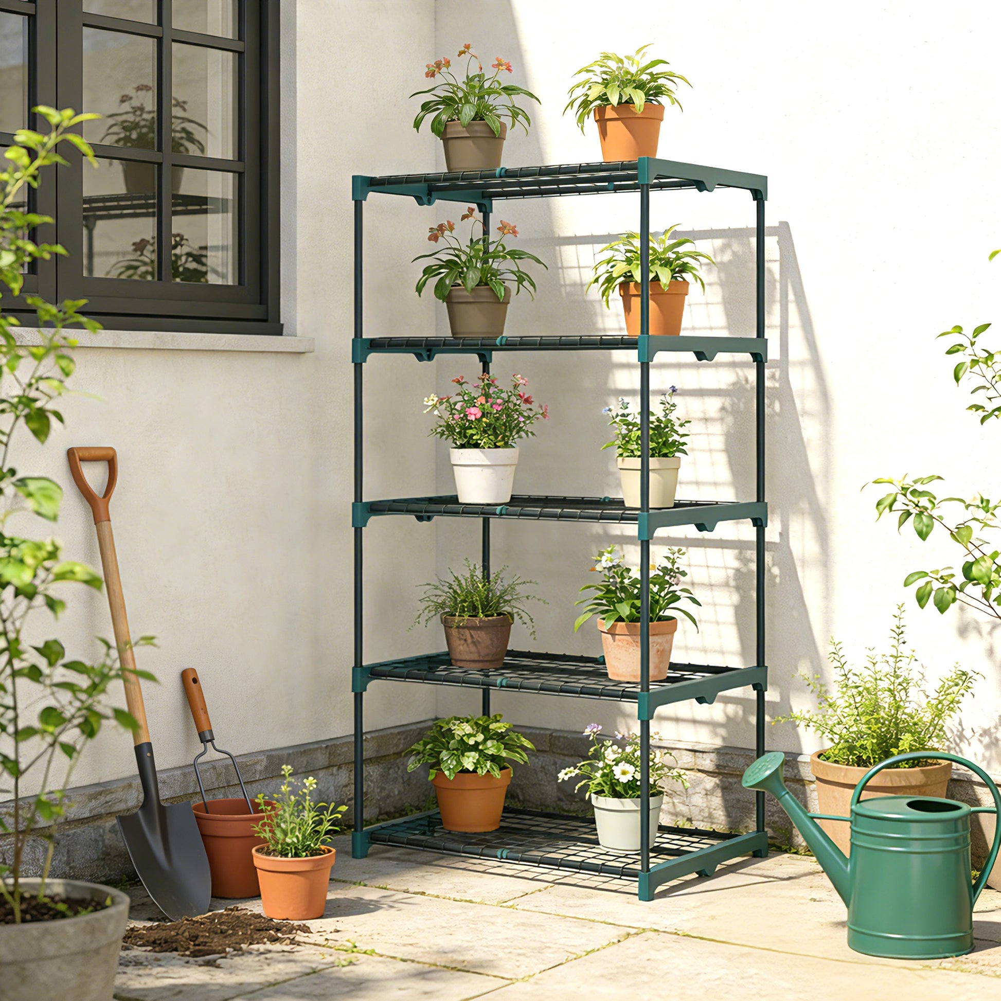 Outsunny Soporte para Plantas de 5 Niveles, Estantería para Plantas de Acero, Estantes de Rejilla, Soporte para Macetas, Interior y Exterior, 67x49x138 cm, Verde Oscuro