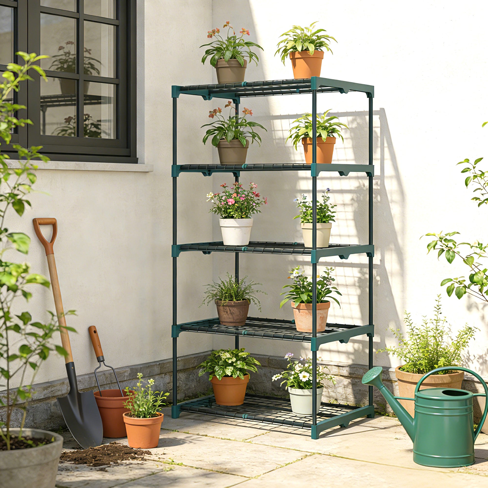 Outsunny Soporte para Plantas de 5 Niveles, Estantería para Plantas de Acero, Estantes de Rejilla, Soporte para Macetas, Interior y Exterior, 67x49x138 cm, Verde Oscuro