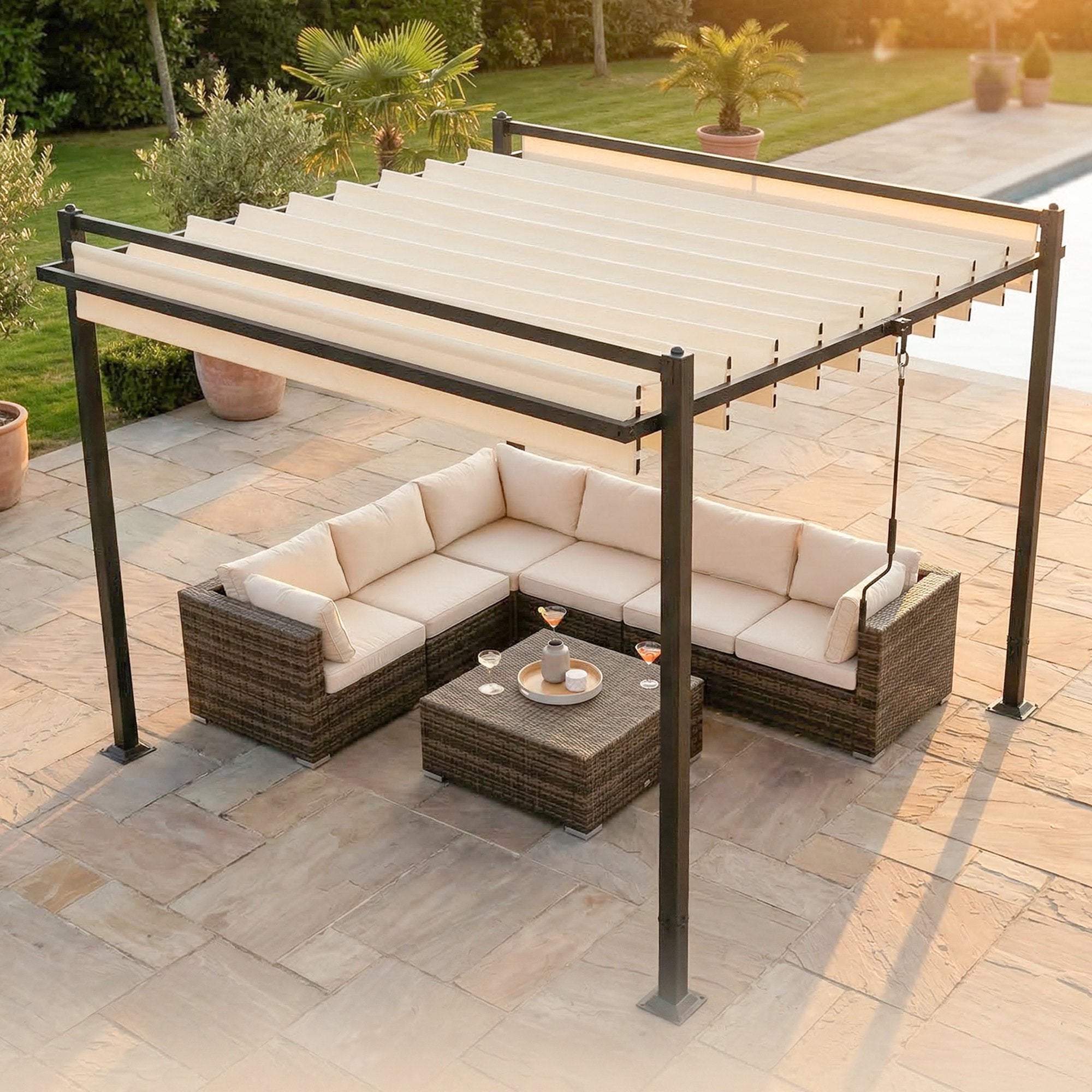 Outsunny Pérgola de Jardín 3x3,8 m, Cenador de Jardín con Techo de Lamas Ajustable a 90°, Manivela, Estructura de Aluminio y Acero, Protección UPF50+, Pabellón para Exterior, Patio, Terraza, Beige