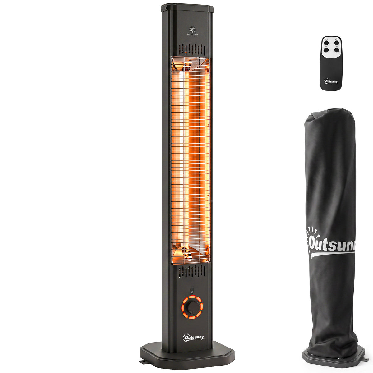 Outsunny Calefactor por Infrarrojos Terraza 2000 W, Estufa Exterior Eléctrica de Pie o Pared con Control por Mando/Control Giratorio, IP65, 9 Niveles Calor, Temporizador 8 h, Apagado Inclinación Funda