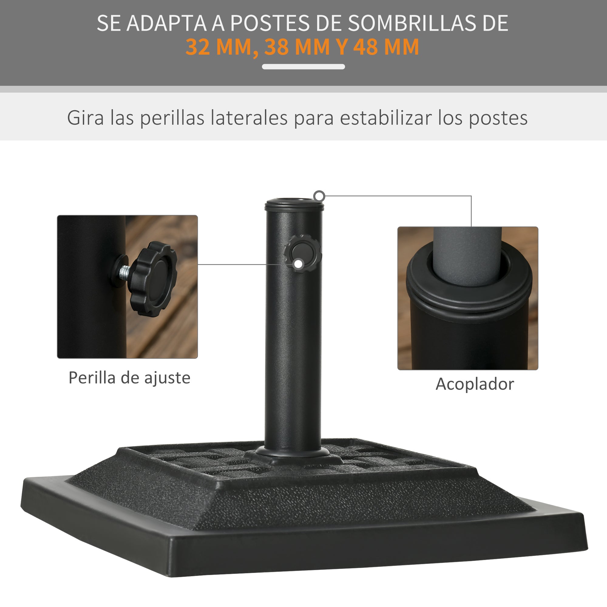 Outsunny Base para Sombrilla de Jardín de 12 kg Soporte de Parasol Cuadrado de Resina para Mástil Ø32/38 mm para Terraza Patio Balcón 44x44x33 cm Negro