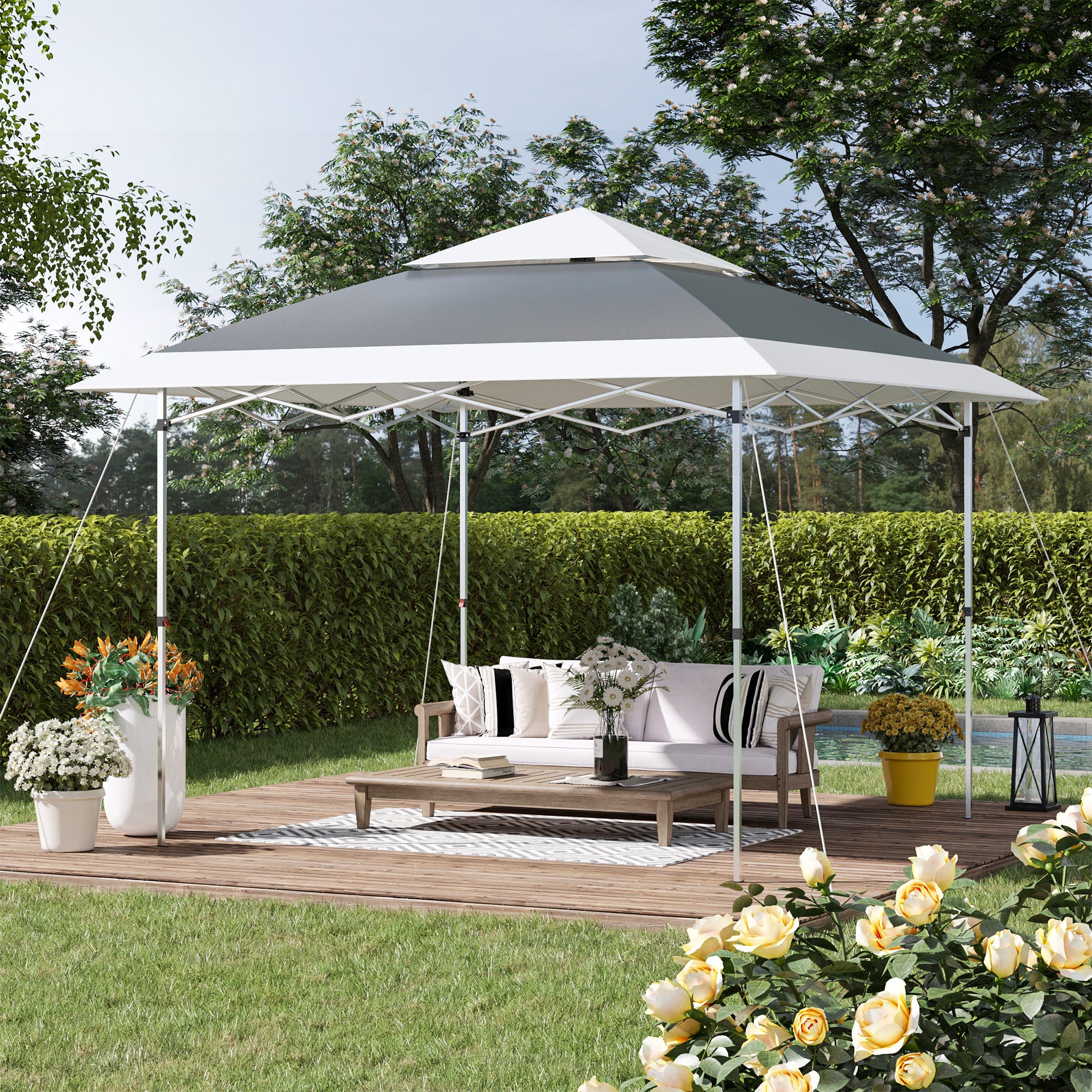 Outsunny Carpa de Fiesta Plegable 3,6x3,6 m Altura Ajustable en 3 Posiciones con Doble Techo y Bolsa de Transporte con Ruedas Marco de Acero Impermeable Gazebo para Jardín Exterior Gris y Blanco