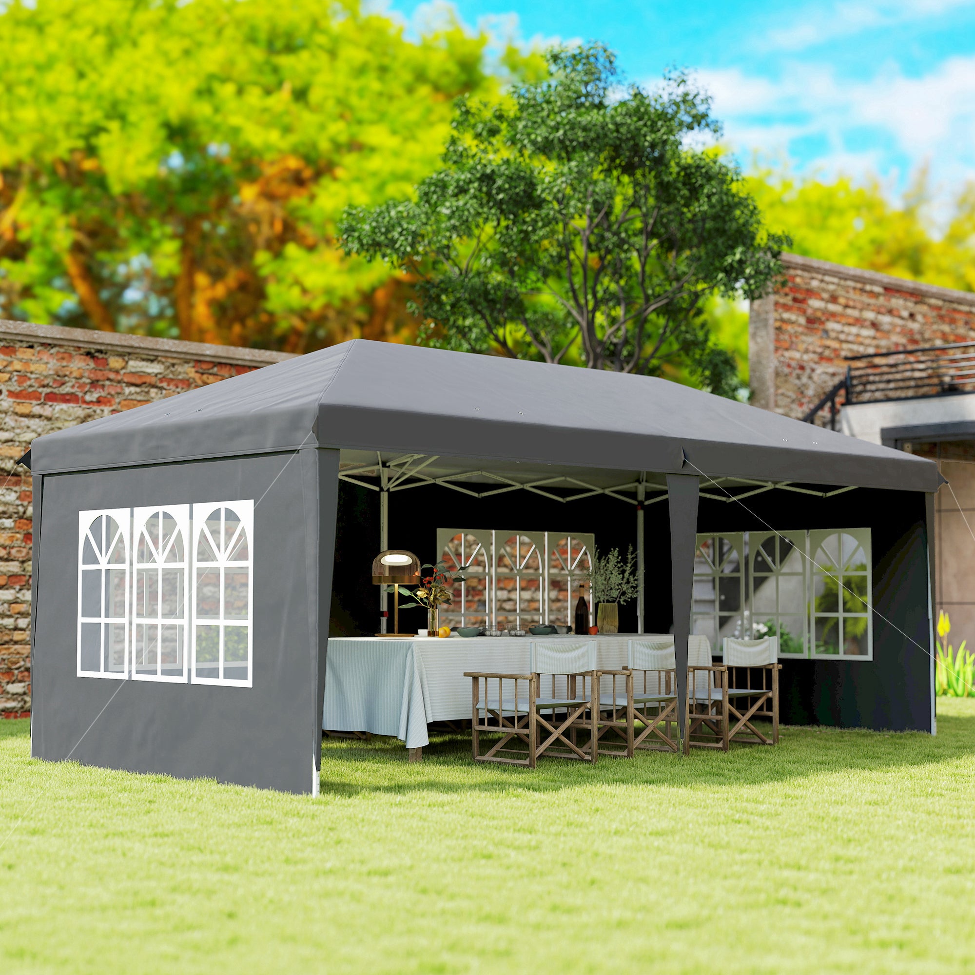 Outsunny Carpa Plegable 6x3 m, Pop-up, con 4 Laterales Desmontables, Cenador de Jardín con 4 Ventanas Visibles y Bolsa de Transporte, Impermeable, Anti-UV, Gazebo para Camping, Fiestas, Exterior, Gris