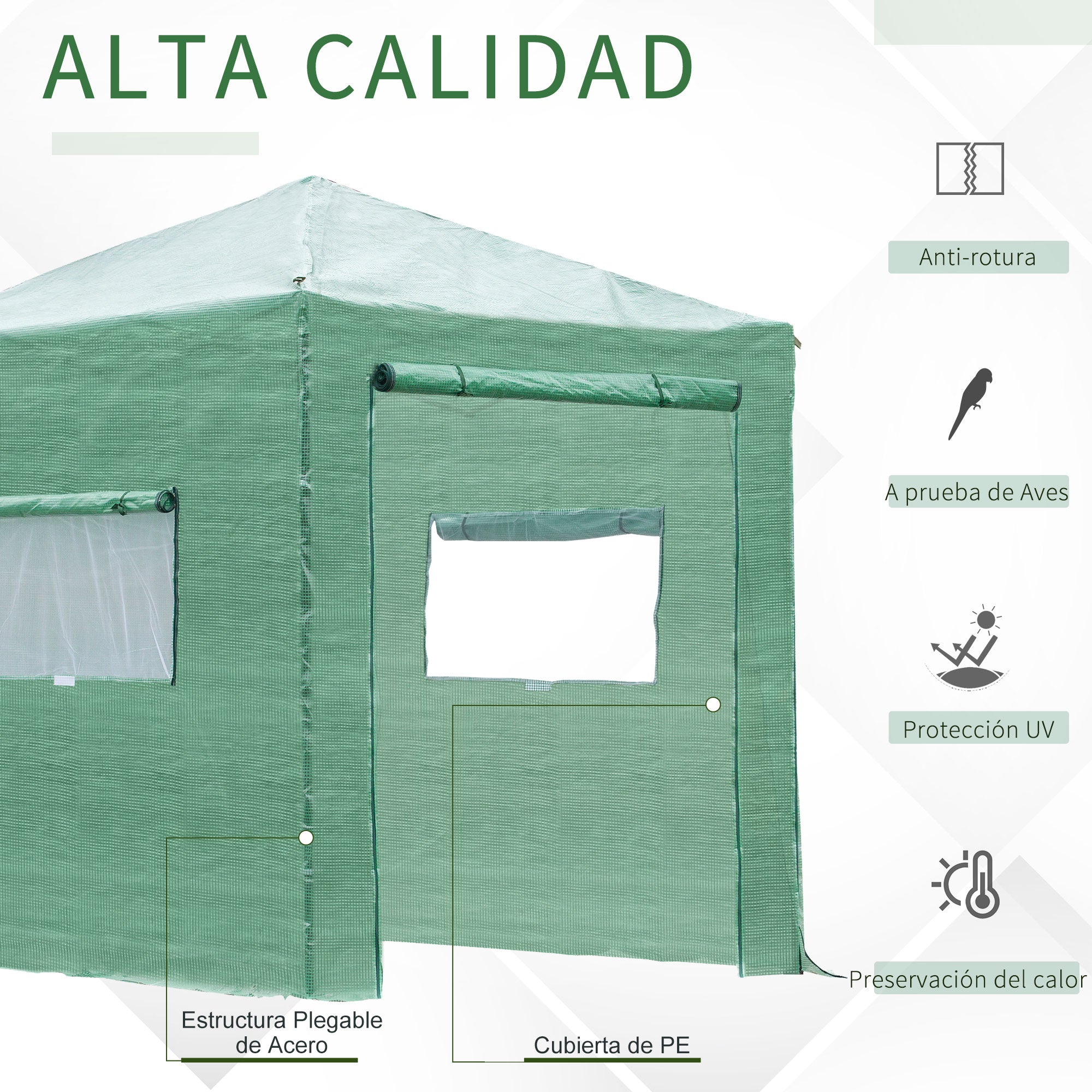 Outsunny Invernadero de Jardín Plegable 240x180x240 cm Caseta Vivero para Cultivos Plantas Flores con 2 Ventanas y Puerta con Cremallera de Acero y PE Verde