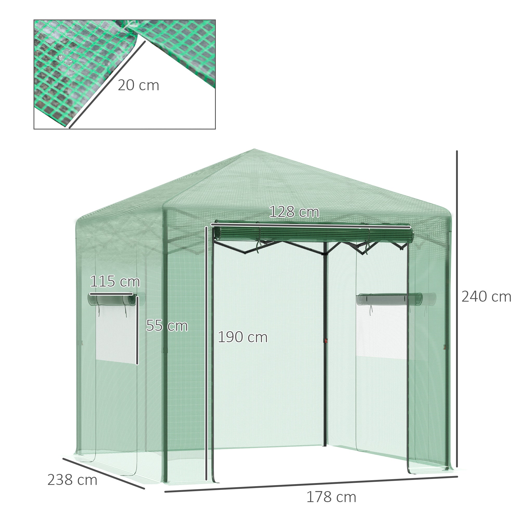Outsunny Invernadero de Jardín Plegable 240x180x240 cm Caseta Vivero para Cultivos Plantas Flores con 2 Ventanas y Puerta con Cremallera de Acero y PE Verde