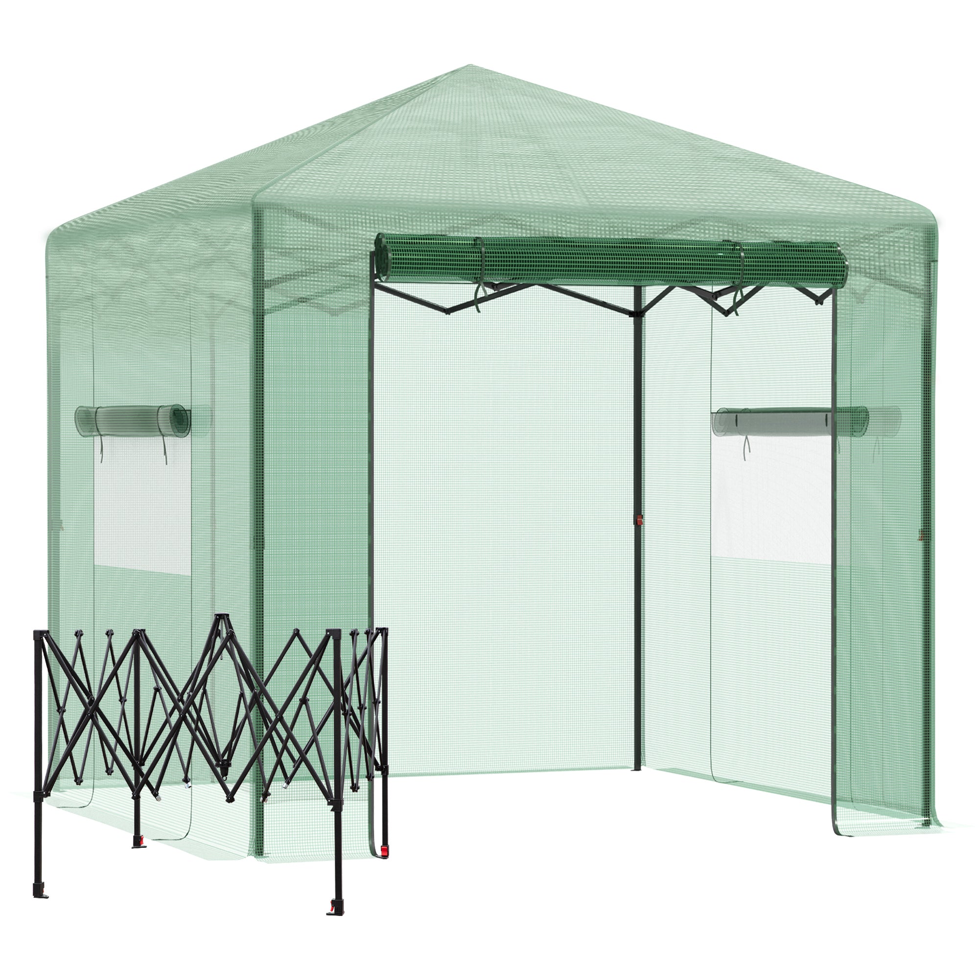 Outsunny Invernadero de Jardín Plegable 240x180x240 cm Caseta Vivero para Cultivos Plantas Flores con 2 Ventanas y Puerta con Cremallera de Acero y PE Verde