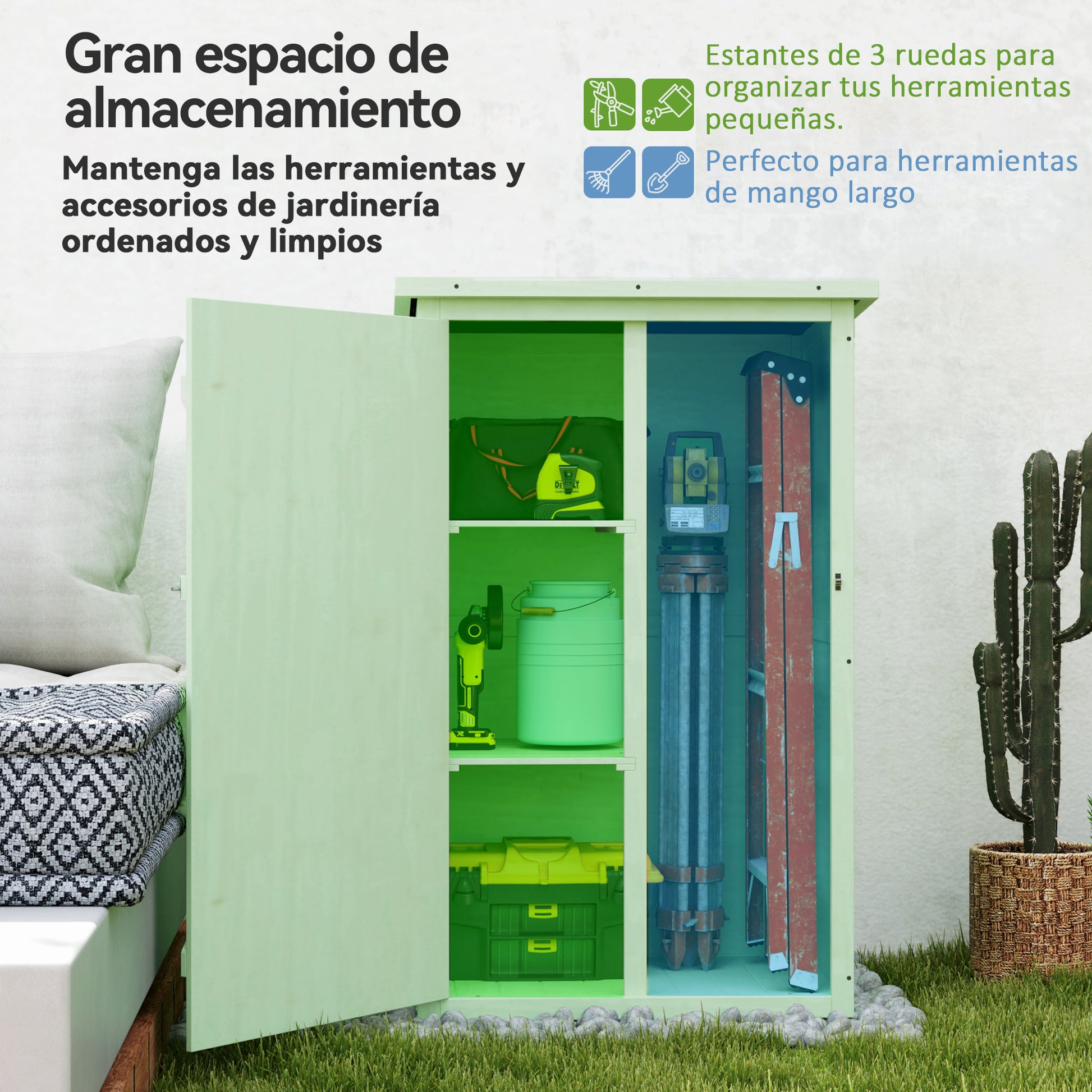 Outsunny Caseta de Jardín de Madera 75x56x115 cm Armario Cobertizo de Exterior para Herramientas con 3 Estantes Interiores Puerta con Pestillo y Techo Asfáltico Verde