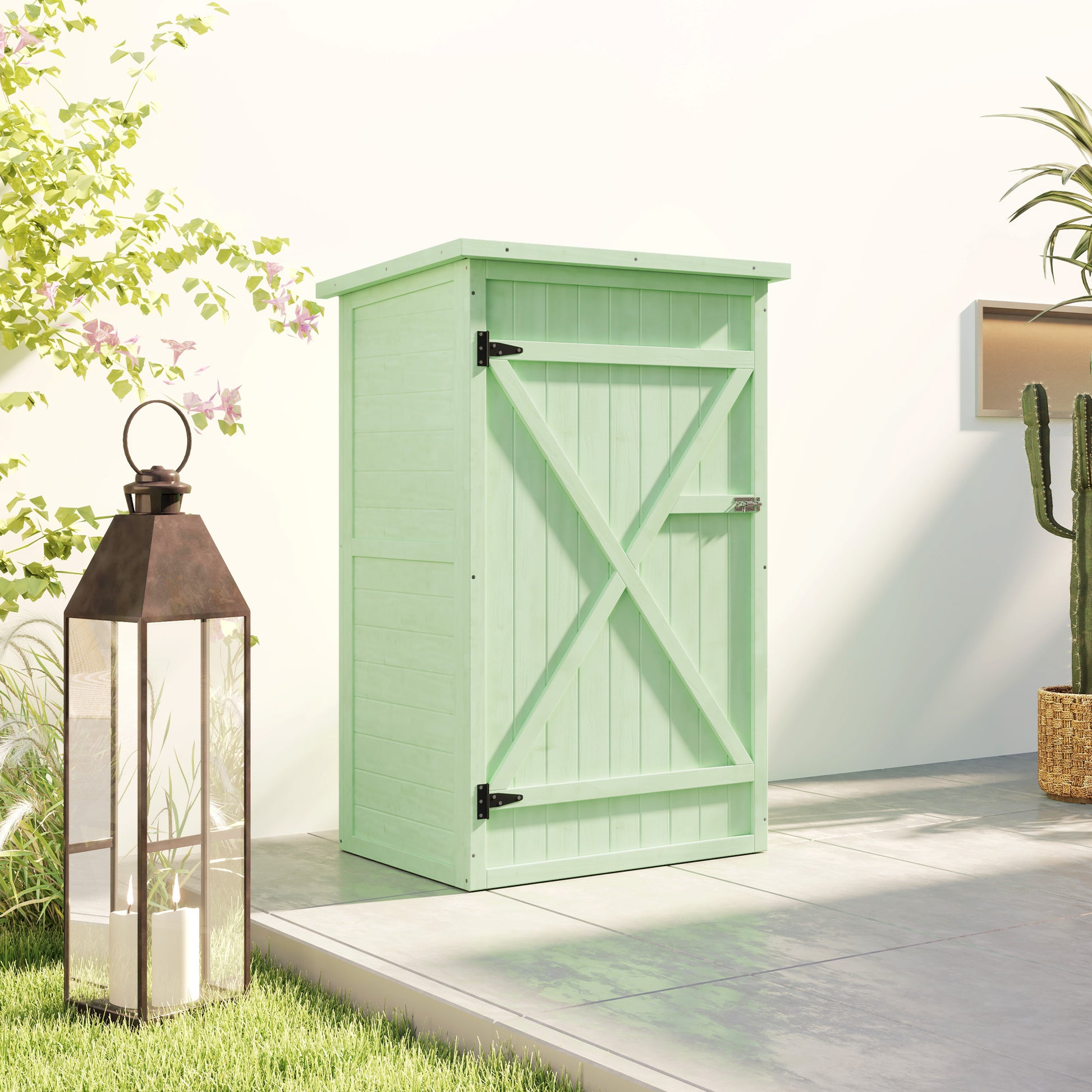 Outsunny Caseta de Jardín de Madera 75x56x115 cm Armario Cobertizo de Exterior para Herramientas con 3 Estantes Interiores Puerta con Pestillo y Techo Asfáltico Verde