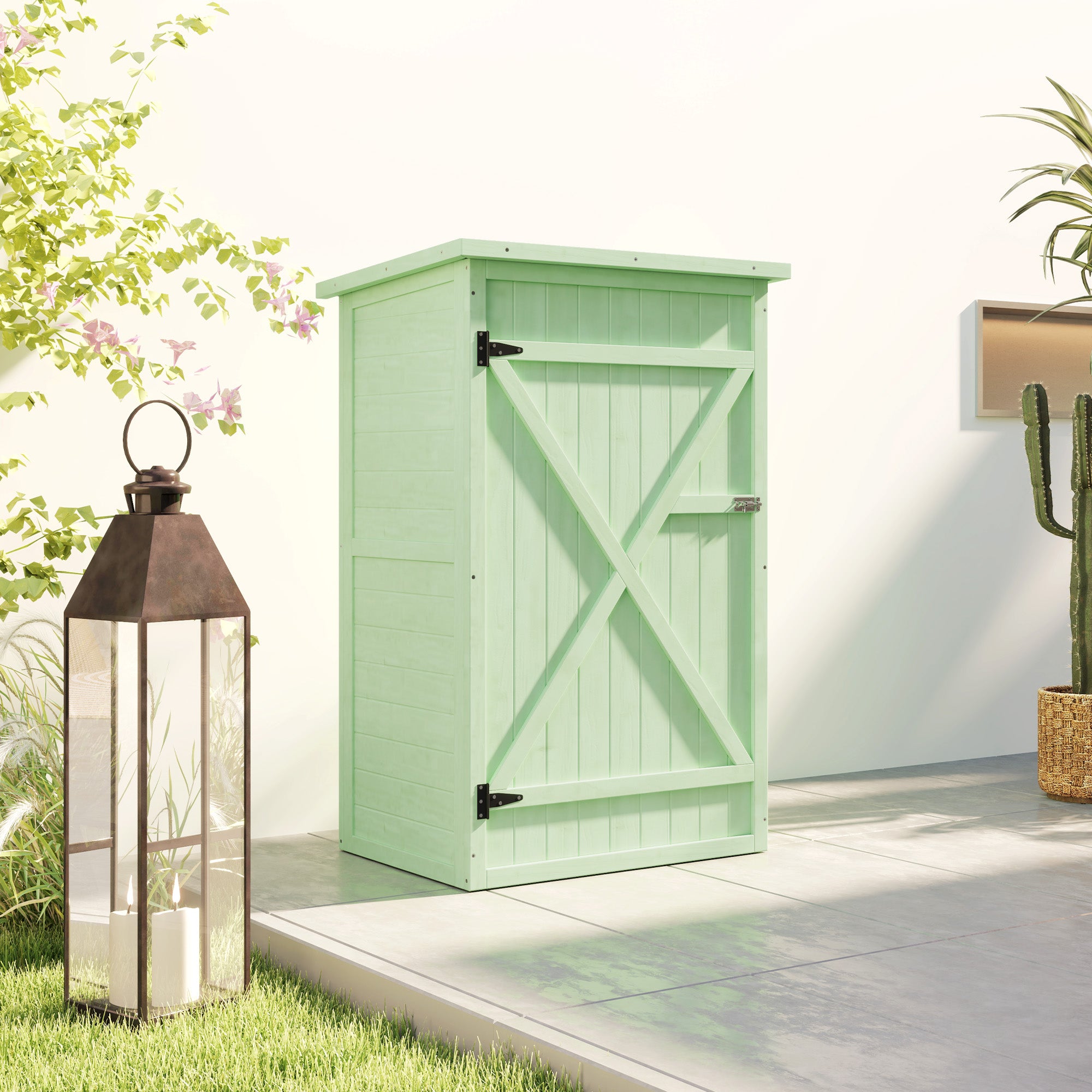 Outsunny Caseta de Jardín de Madera 75x56x115 cm Armario Cobertizo de Exterior para Herramientas con 3 Estantes Interiores Puerta con Pestillo y Techo Asfáltico Verde